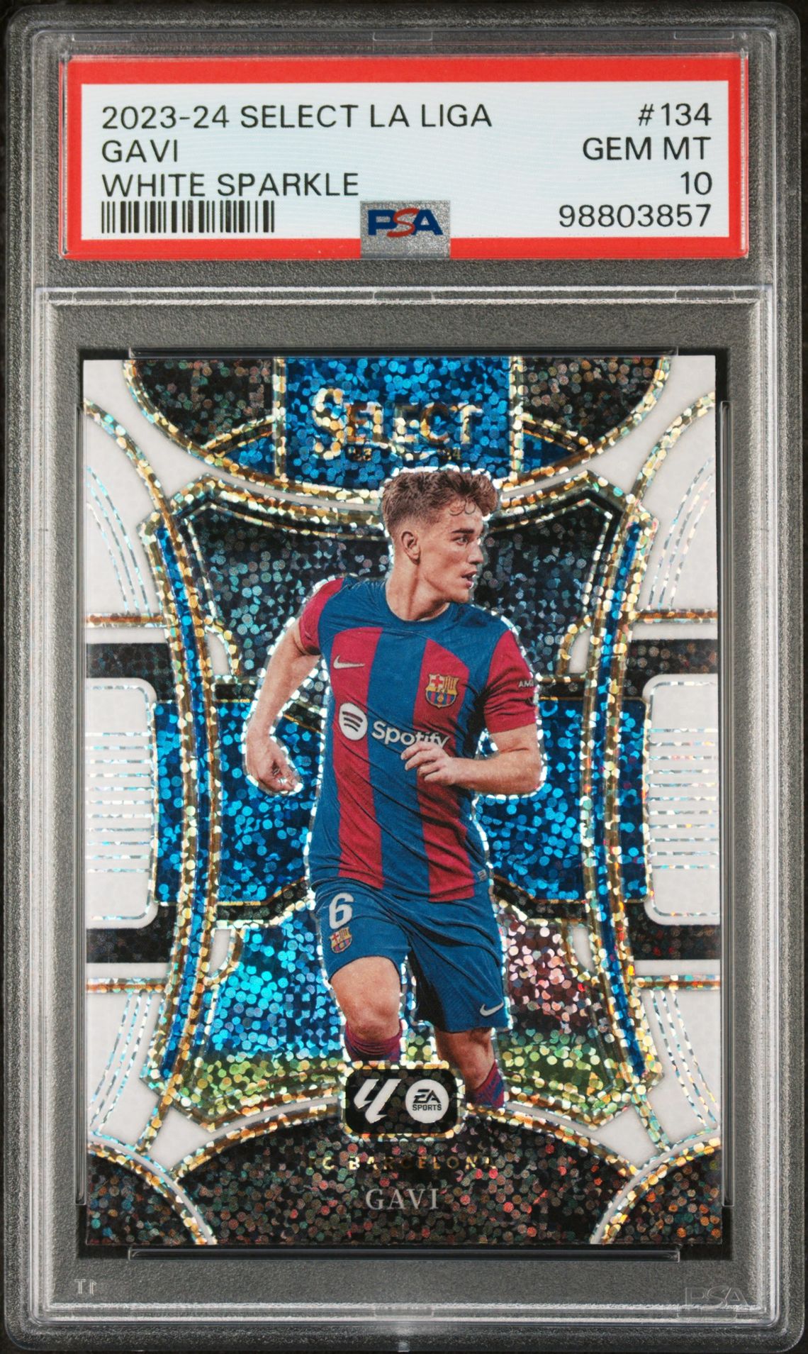 2023-24 Panini Select La Liga Gavi #134 (White Sparkle) Gem Mt 10 front view - PSA graded GEM MT 10