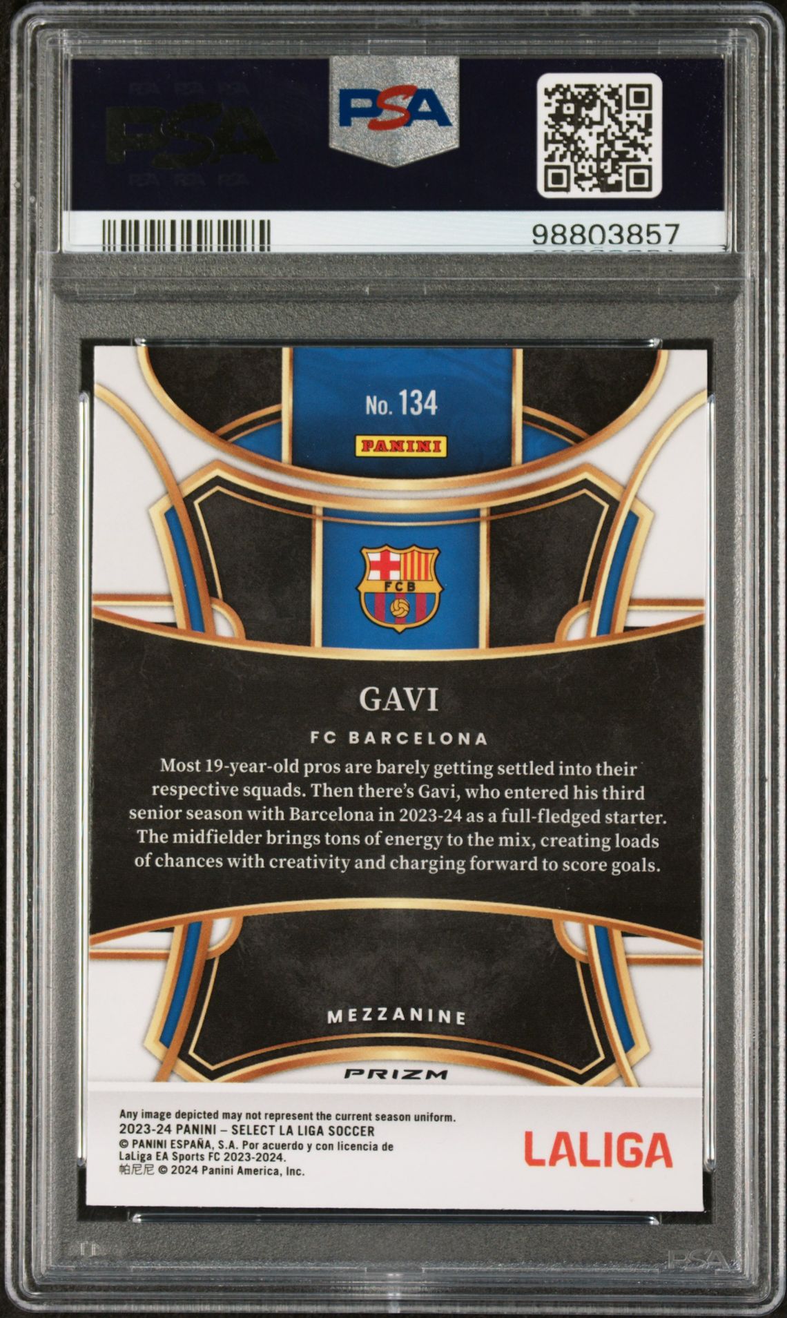 2023-24 Panini Select La Liga Gavi #134 (White Sparkle) Gem Mt 10 back view - PSA certificate #98803857