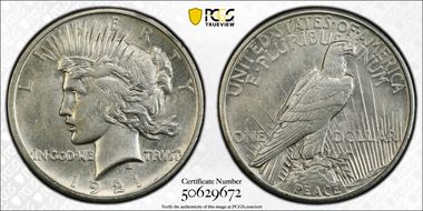 1921 $1 High Relief, Peace AU53