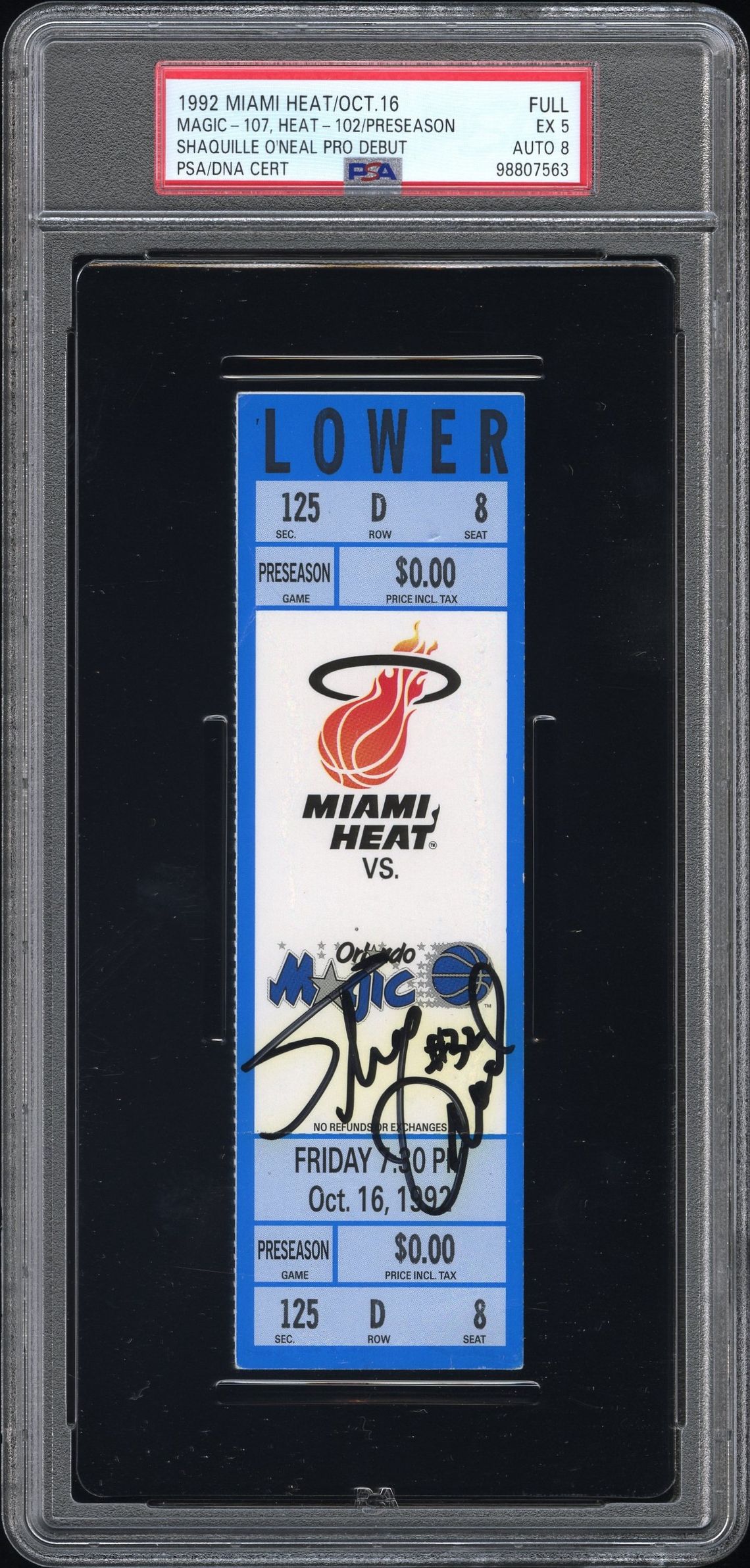 Signed PSA EX 5 full ticket from the 16 October 1992 Magic at Heat preseason game, catalogued by PSA as Shaquille O'Neal's pro debut, cert 98807563