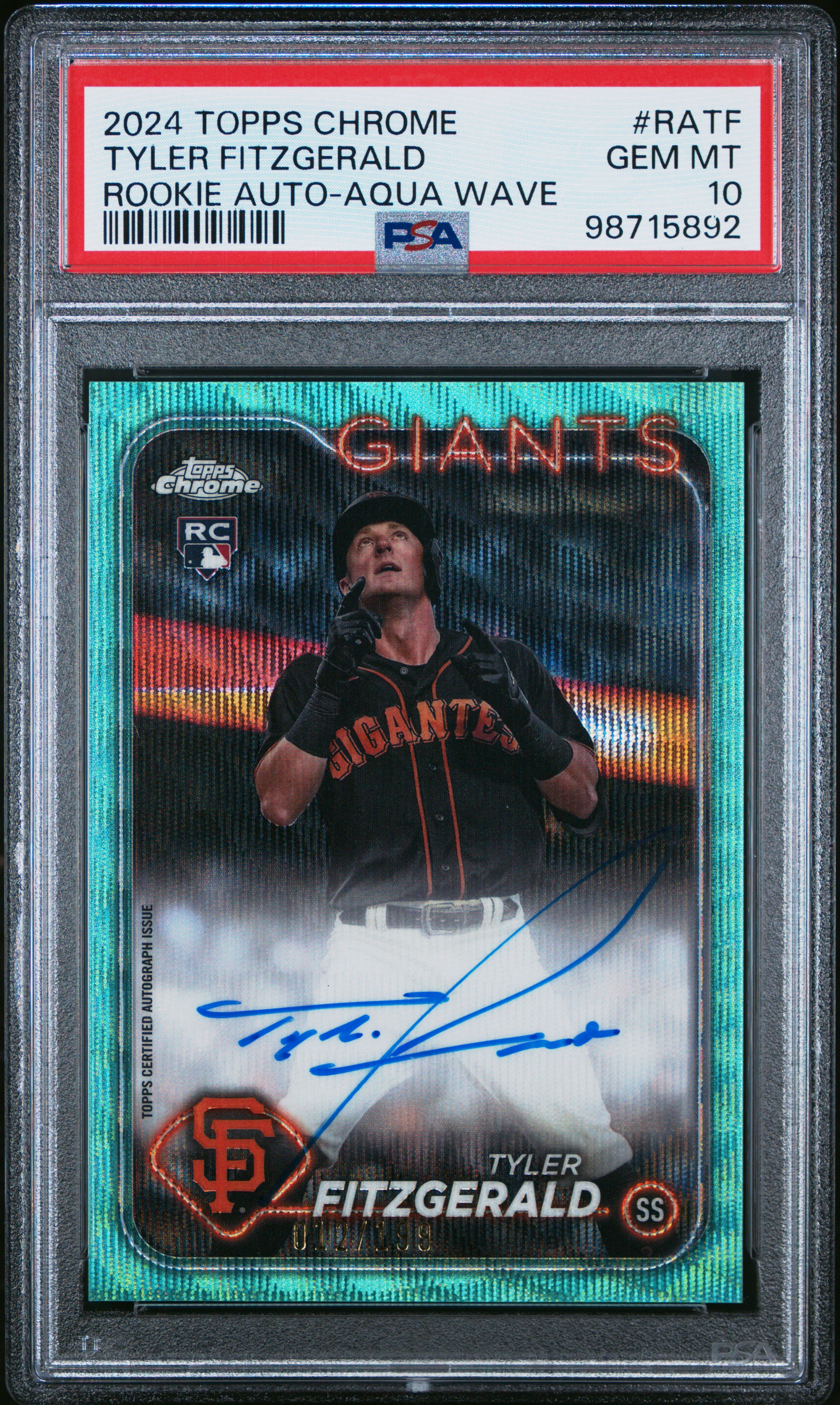 2024 Topps Chrome Rookie Autographs Tyler Fitzgerald #Ratf (Rookie Auto-Aqua Wave) Gem Mt 10 front