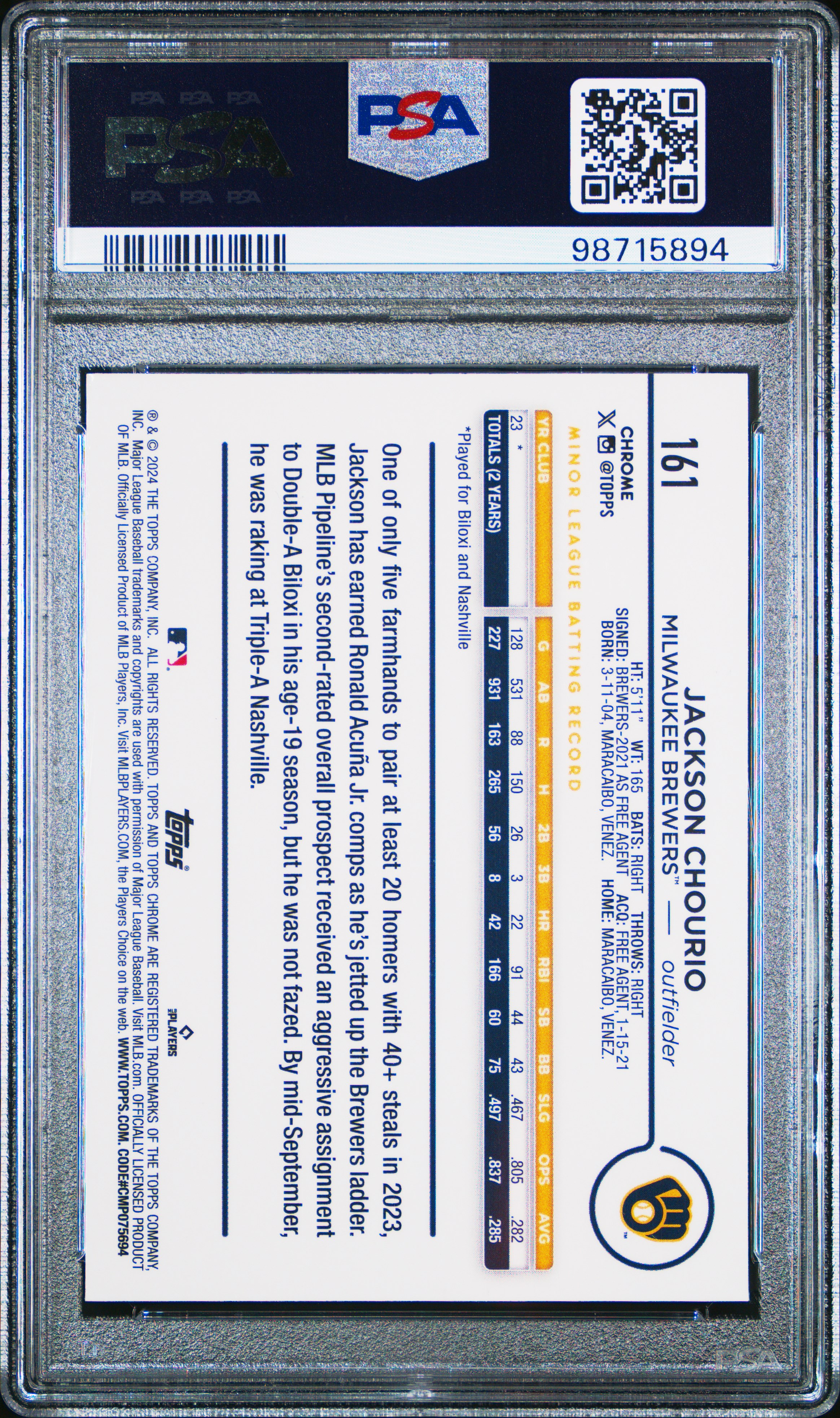 2024 Topps Chrome Jackson Chourio #161 (Purple Speckle Refractor) Gem Mt 10 back