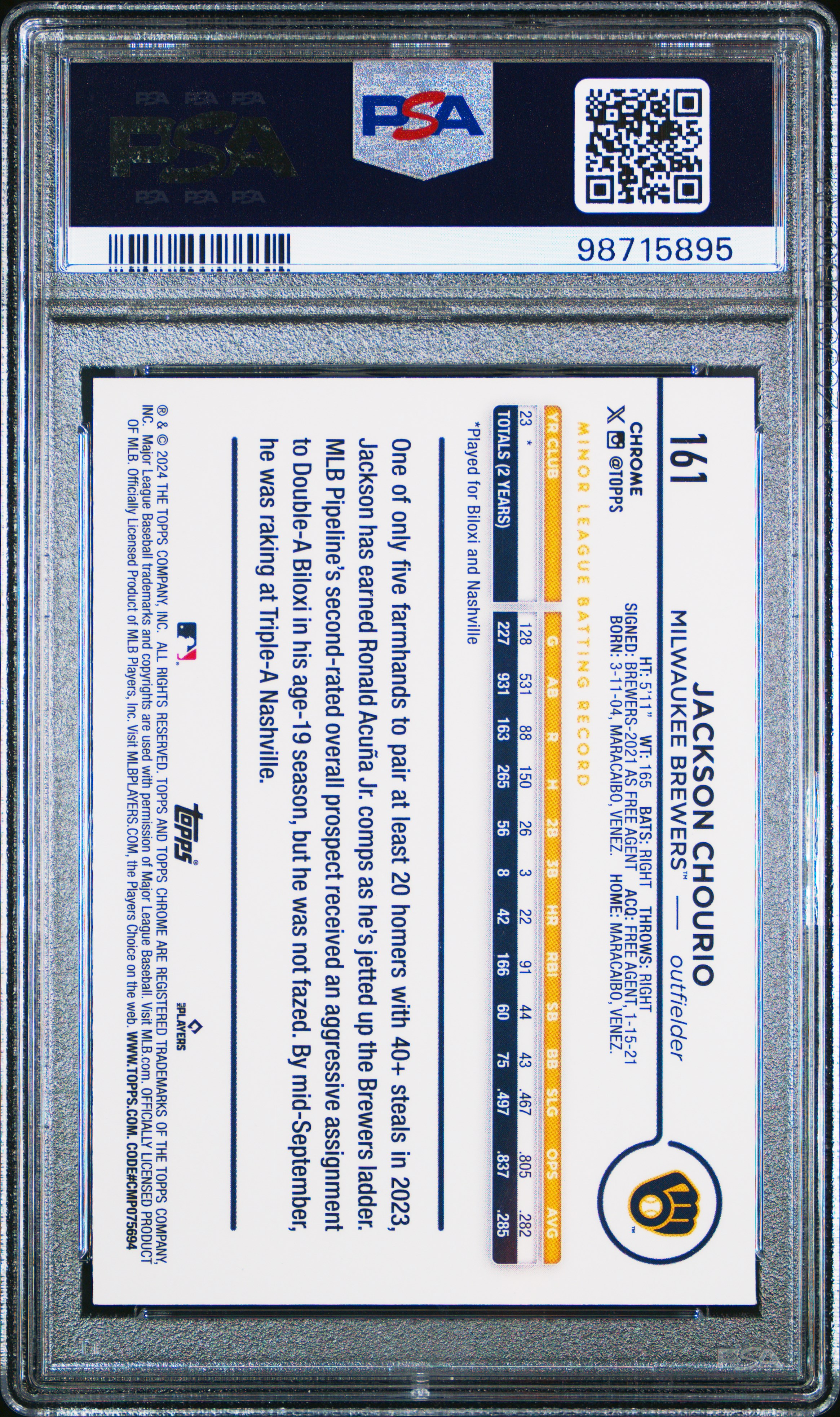 2024 Topps Chrome Jackson Chourio #161 (Magenta Speckle Refractor) Gem Mt 10 back