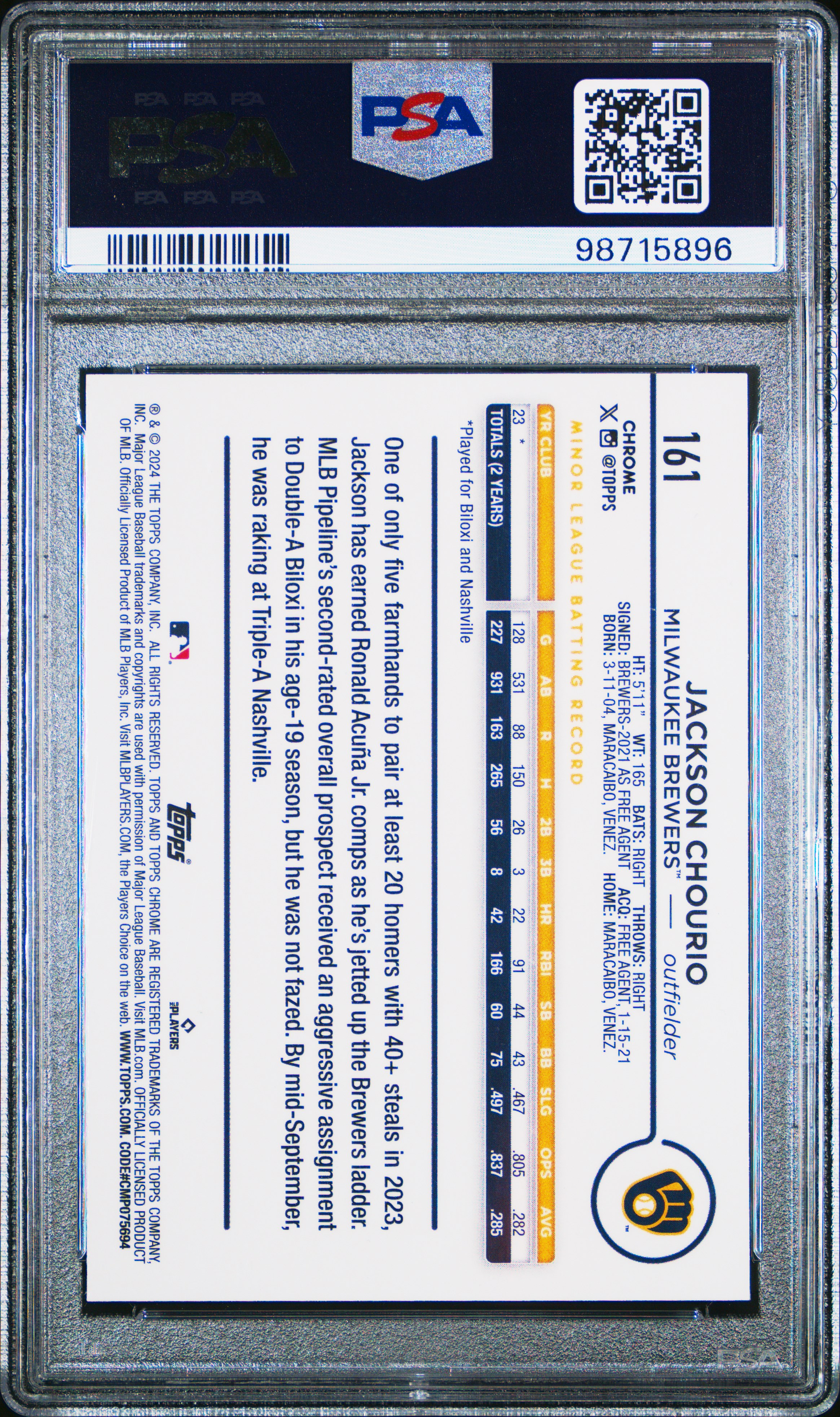 2024 Topps Chrome Jackson Chourio #161 (Aqua Raywave) Mint 9 back