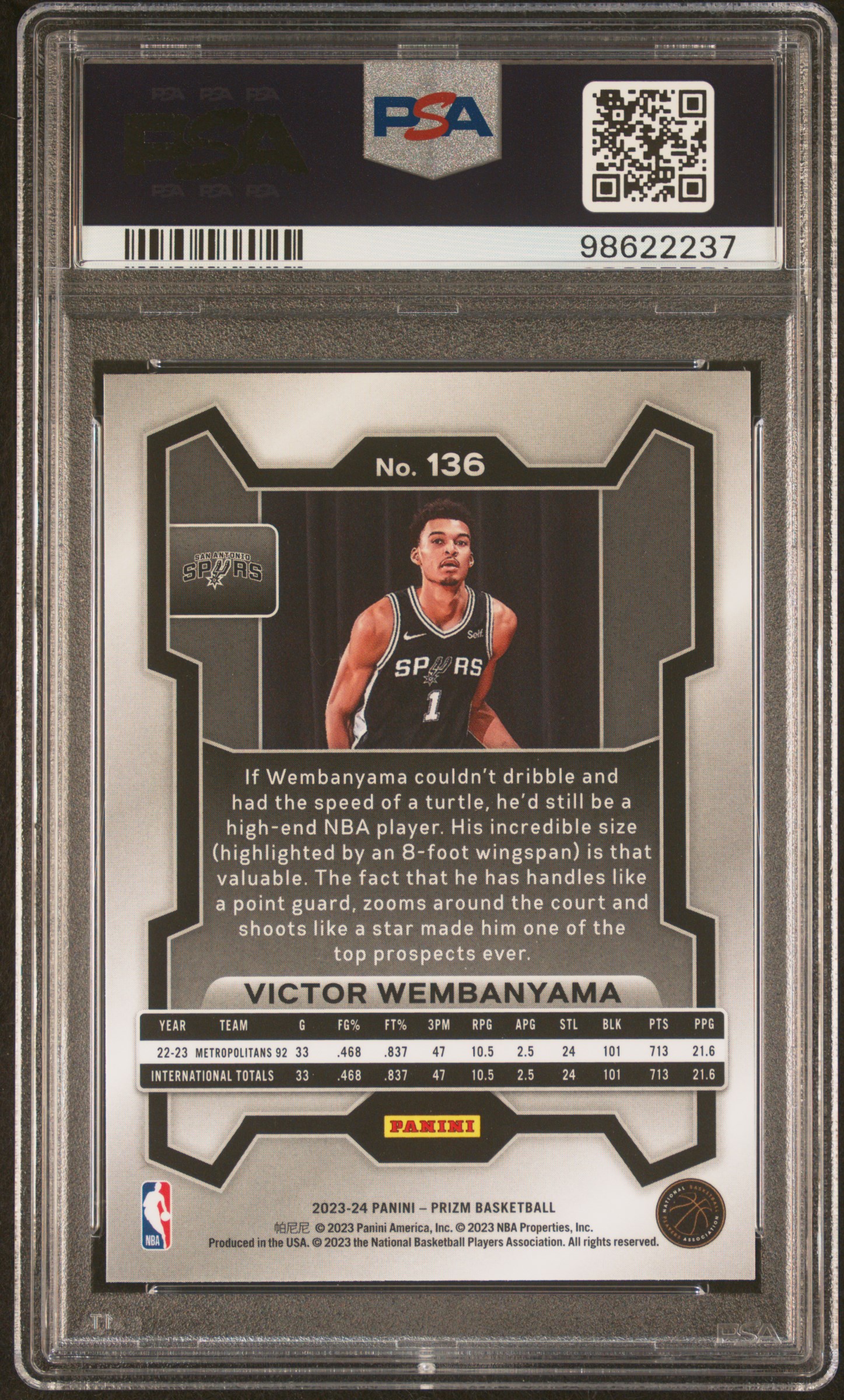 2023 Panini Prizm Victor Wembanyama #136 Gem Mt 10 back