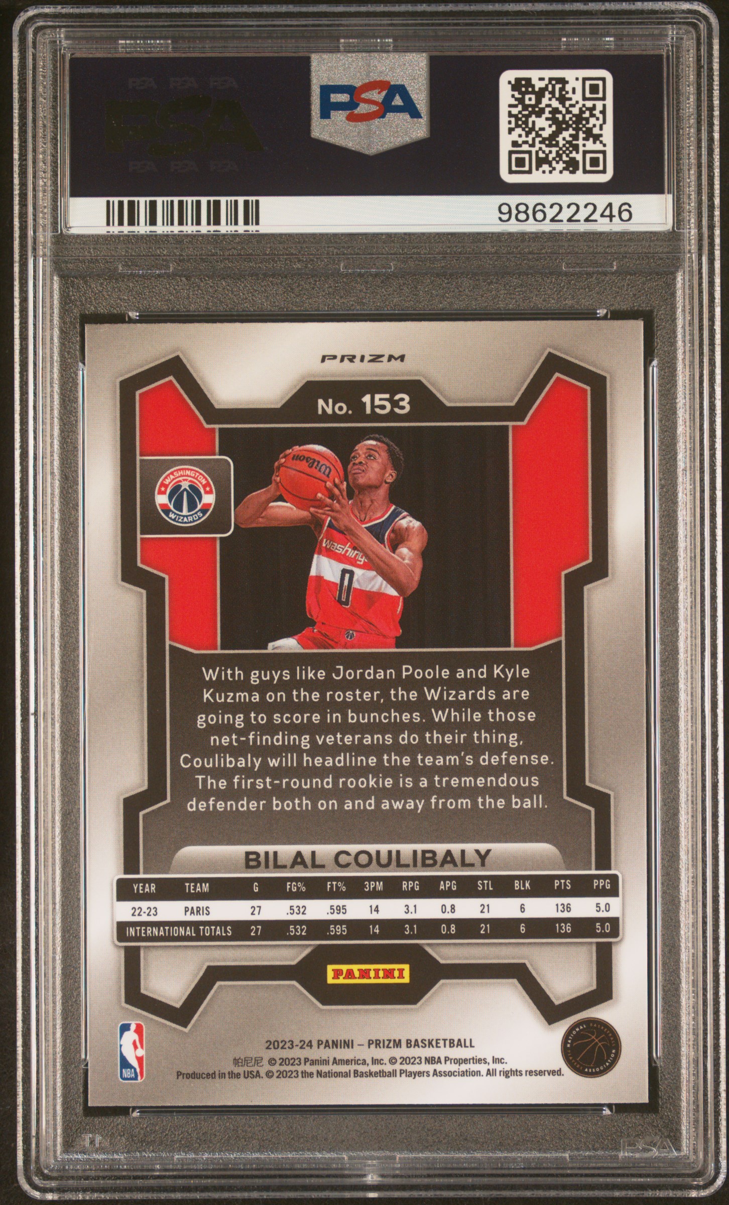 2023 Panini Prizm Bilal Coulibaly #153 (Ice) Gem Mt 10 back