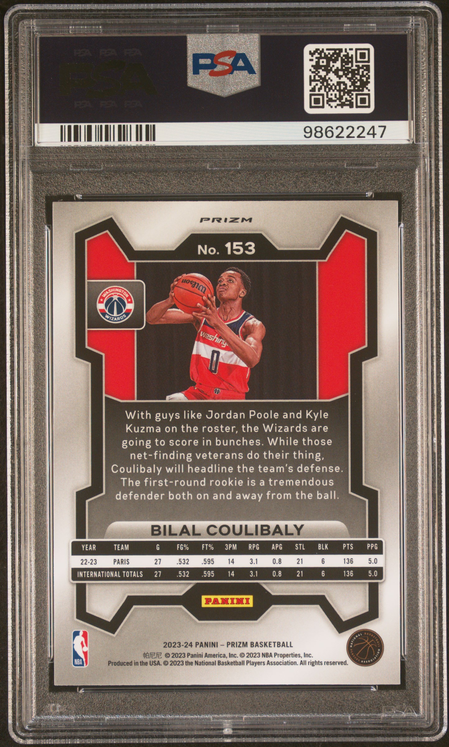 2023 Panini Prizm Bilal Coulibaly #153 (Red Ice) Gem Mt 10 back