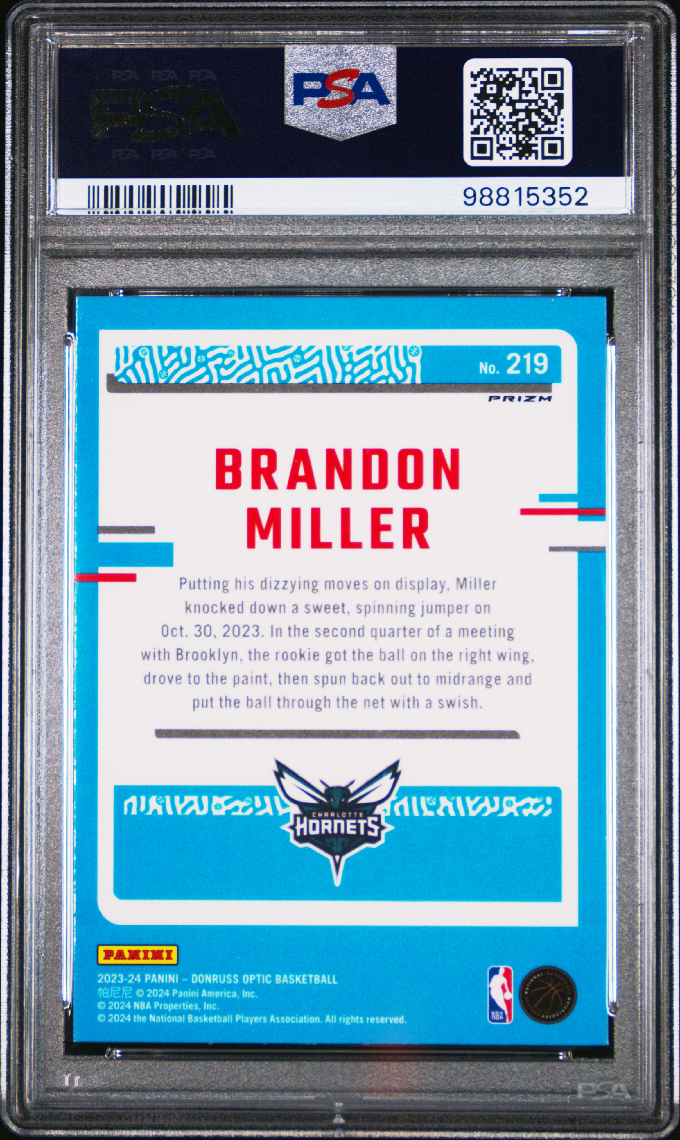 2023 Panini Donruss Optic Brandon Miller #219 (Fast Break Holo) Gem Mt 10 back