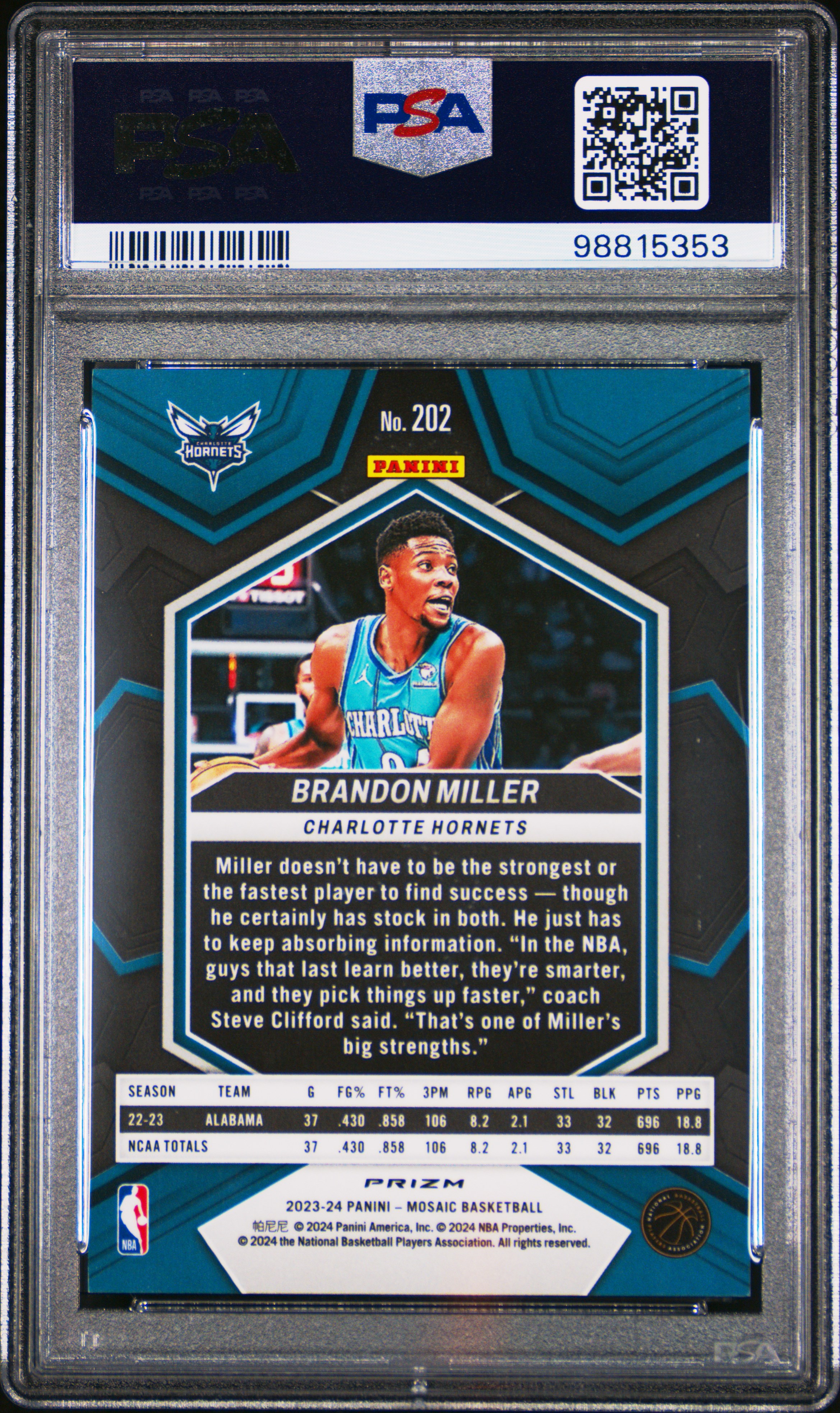 2023 Panini Mosaic Brandon Miller #202 (International) Mint 9 back