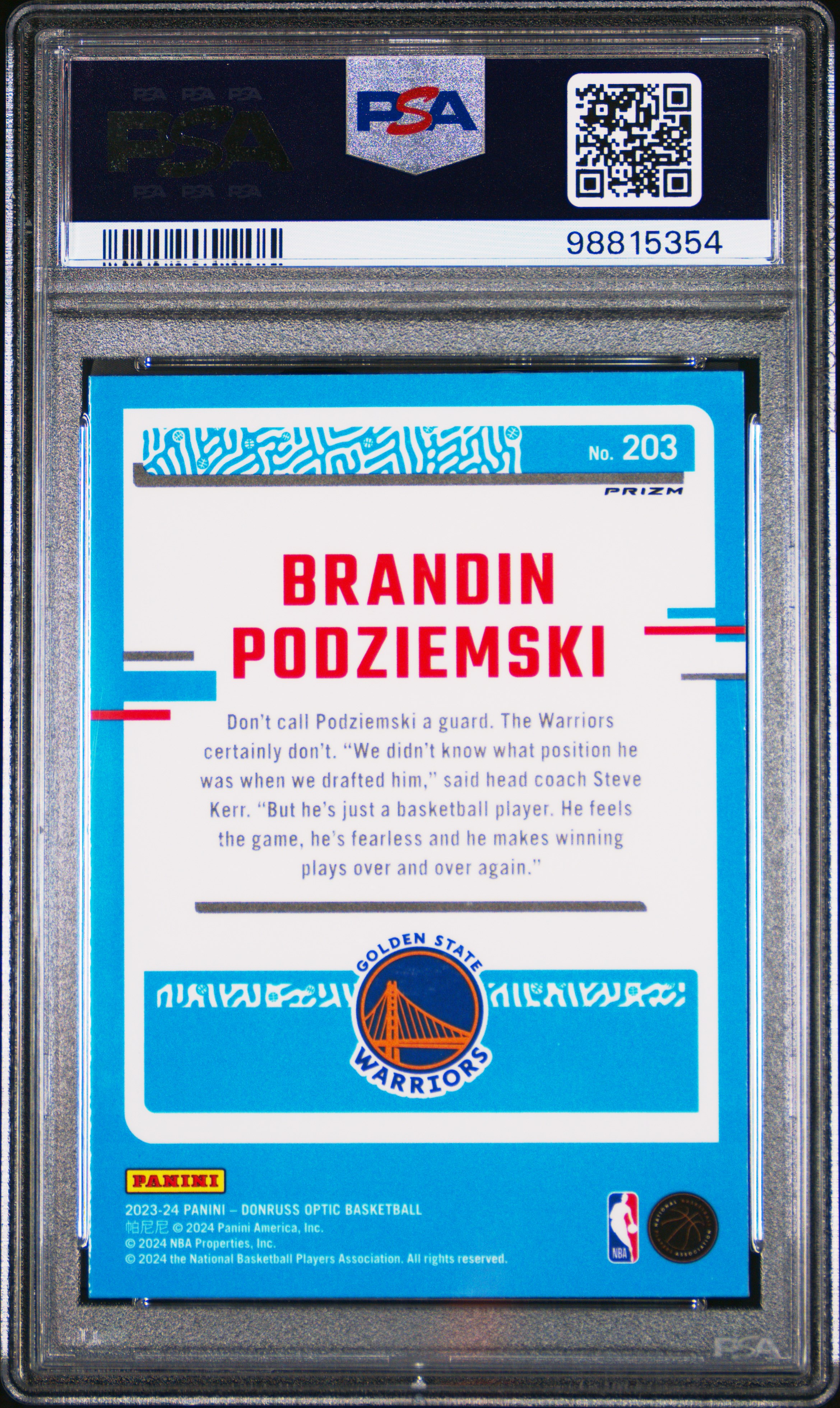 2023 Panini Donruss Optic Brandin Podziemski #203 (Photon) Gem Mt 10 back