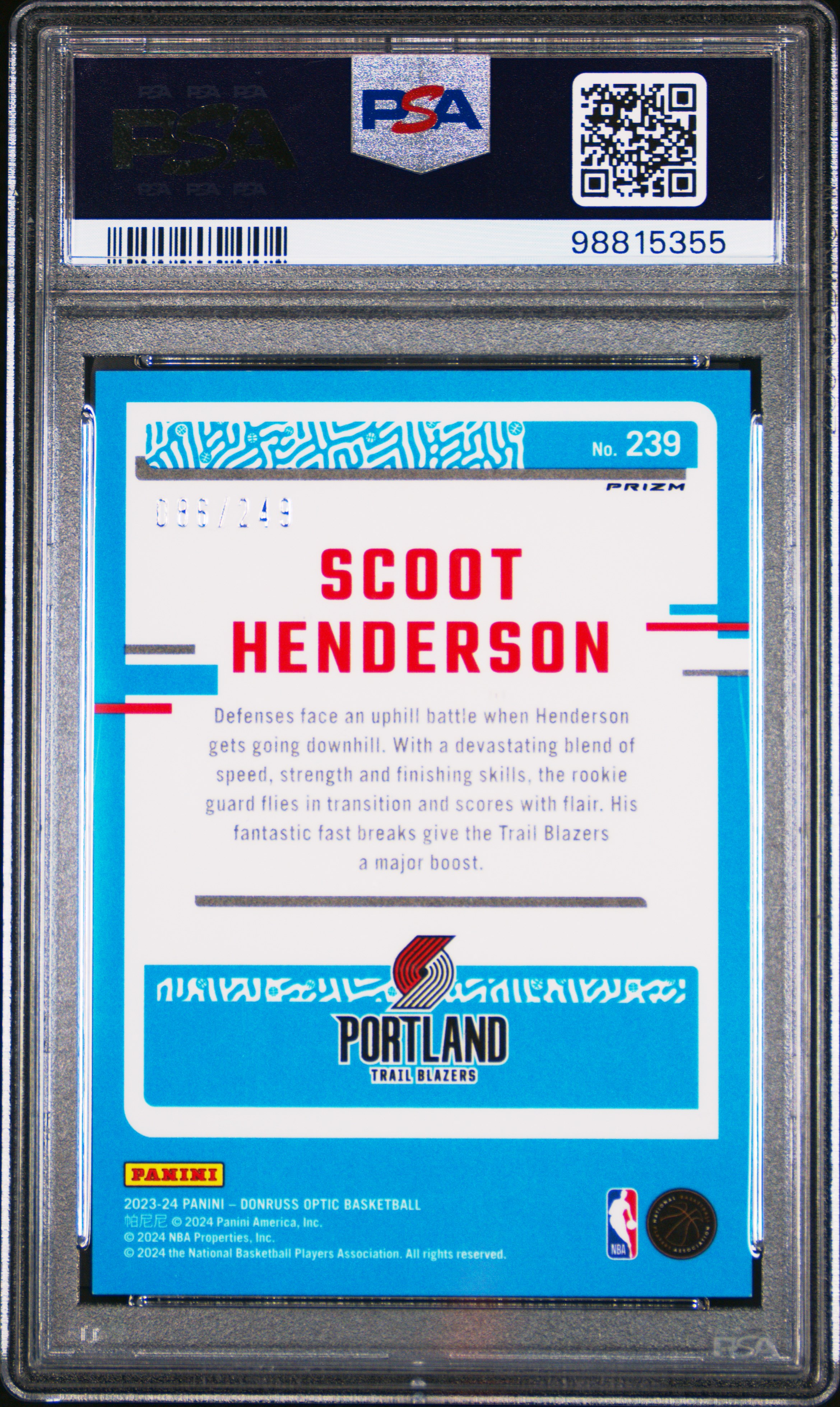 2023 Panini Donruss Optic Scoot Henderson #239 (Aqua) Gem Mt 10 back
