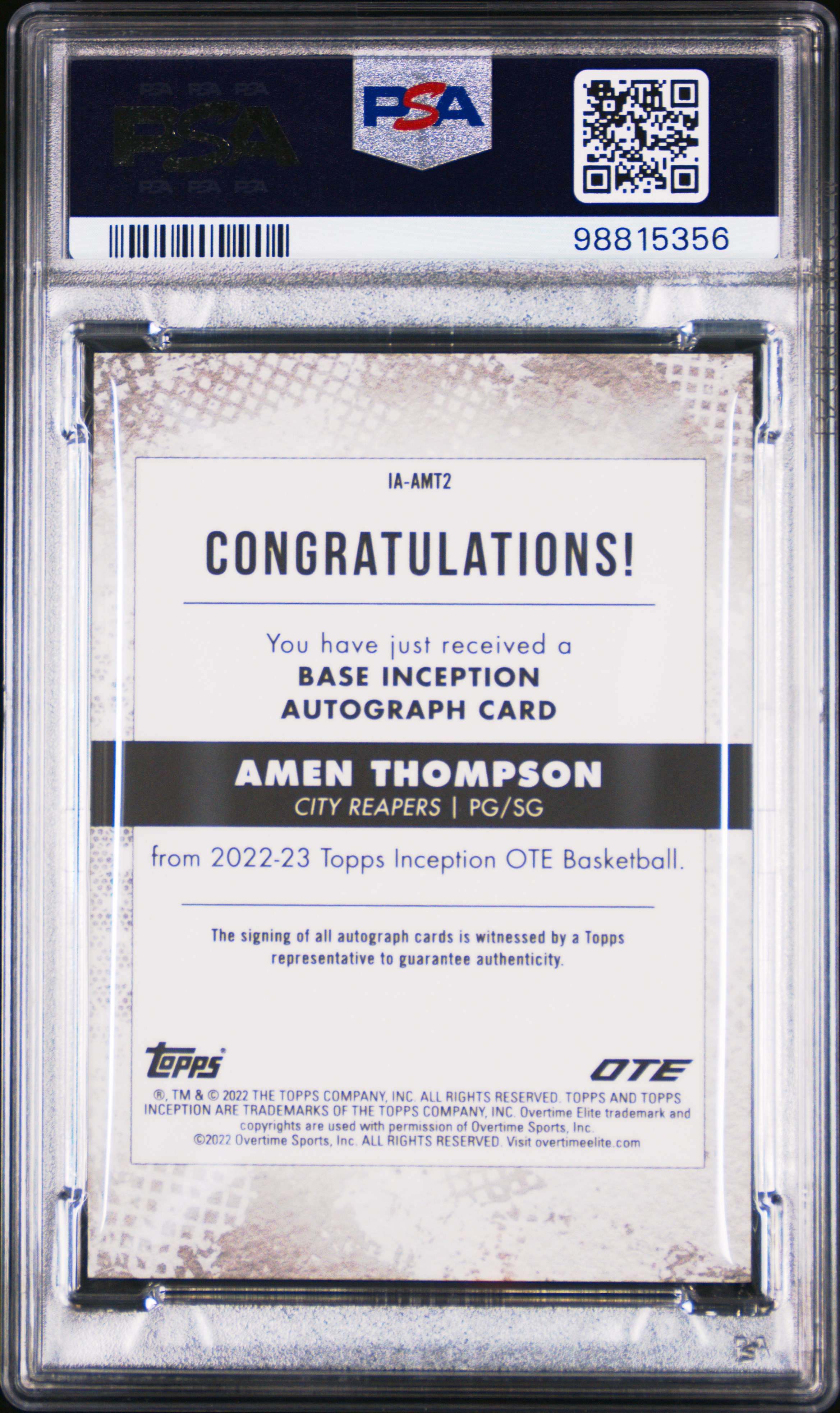 2022 Topps Inception Ote Overtime Elite Autographs Amen Thompson #Iaamt2 (Autograph-Red) Gem Mt 10 back