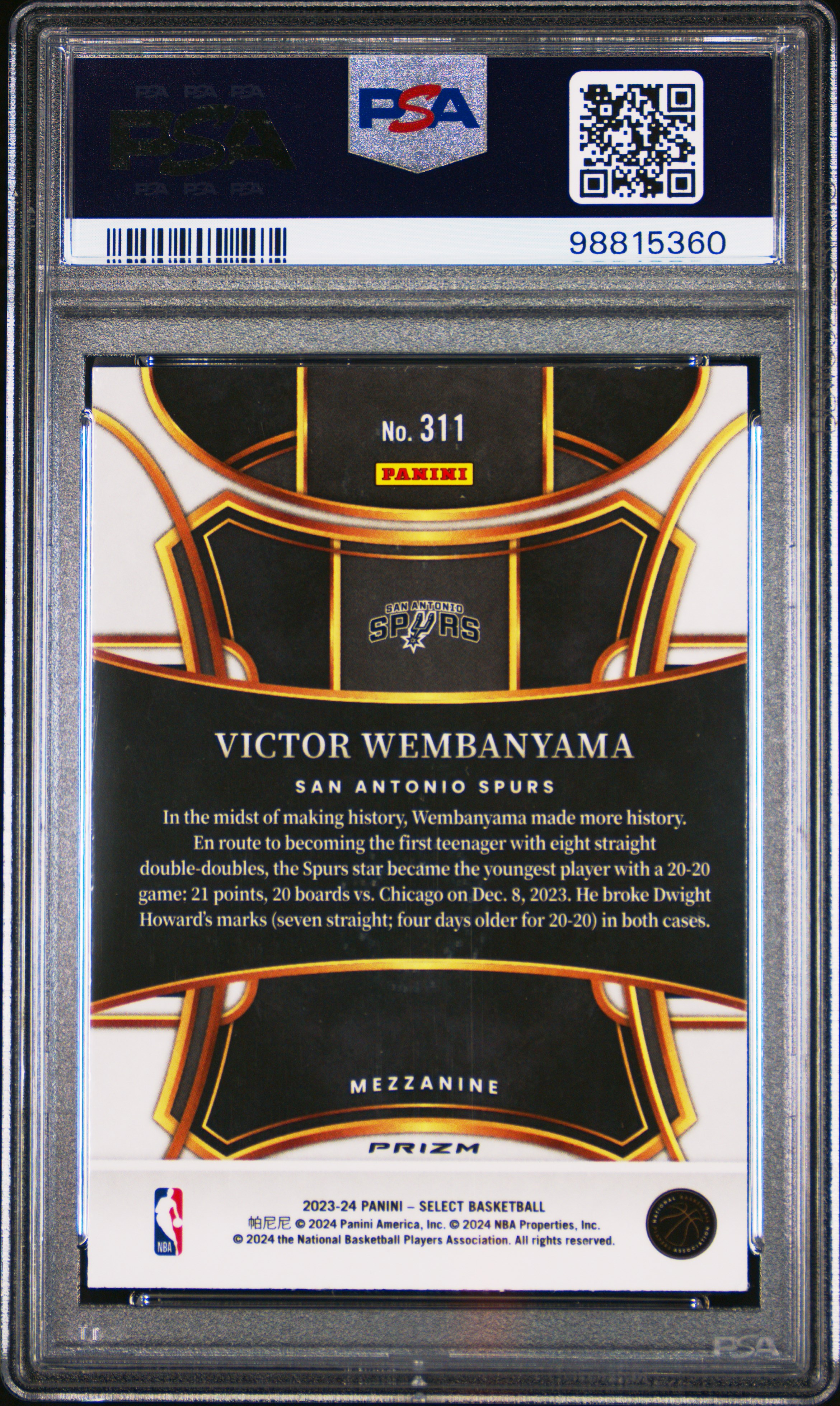 2023 Panini Select Victor Wembanyama #311 (Orange Tectonic) Gem Mt 10 back