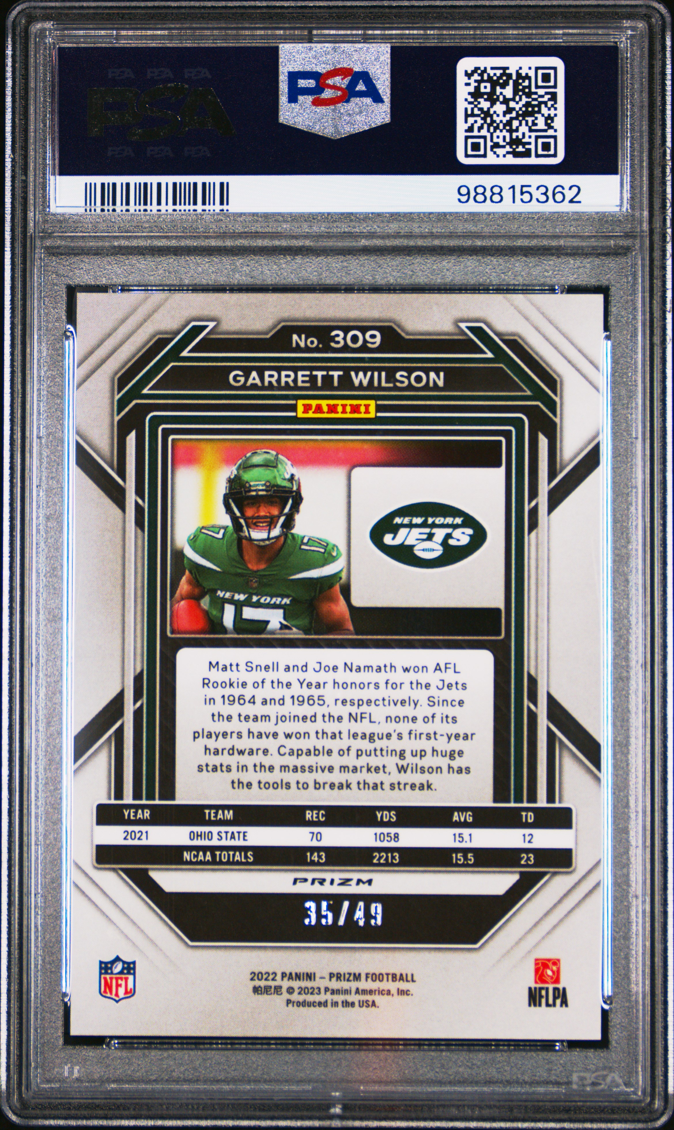 2022 Panini Prizm Garrett Wilson #309 (Purple Power) Nm-Mt 8 back