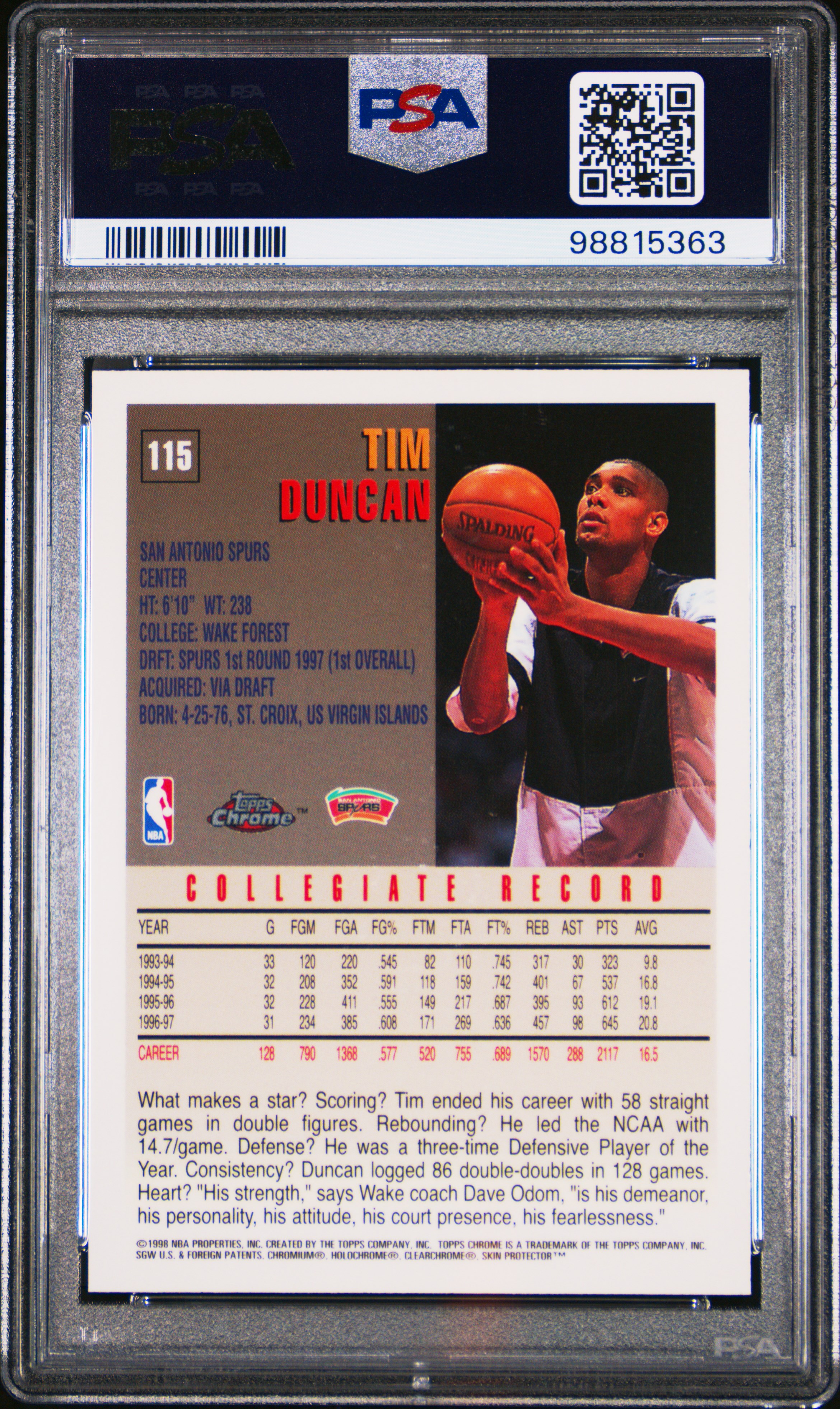 1997 Topps Chrome Tim Duncan #115 Mint 9 back