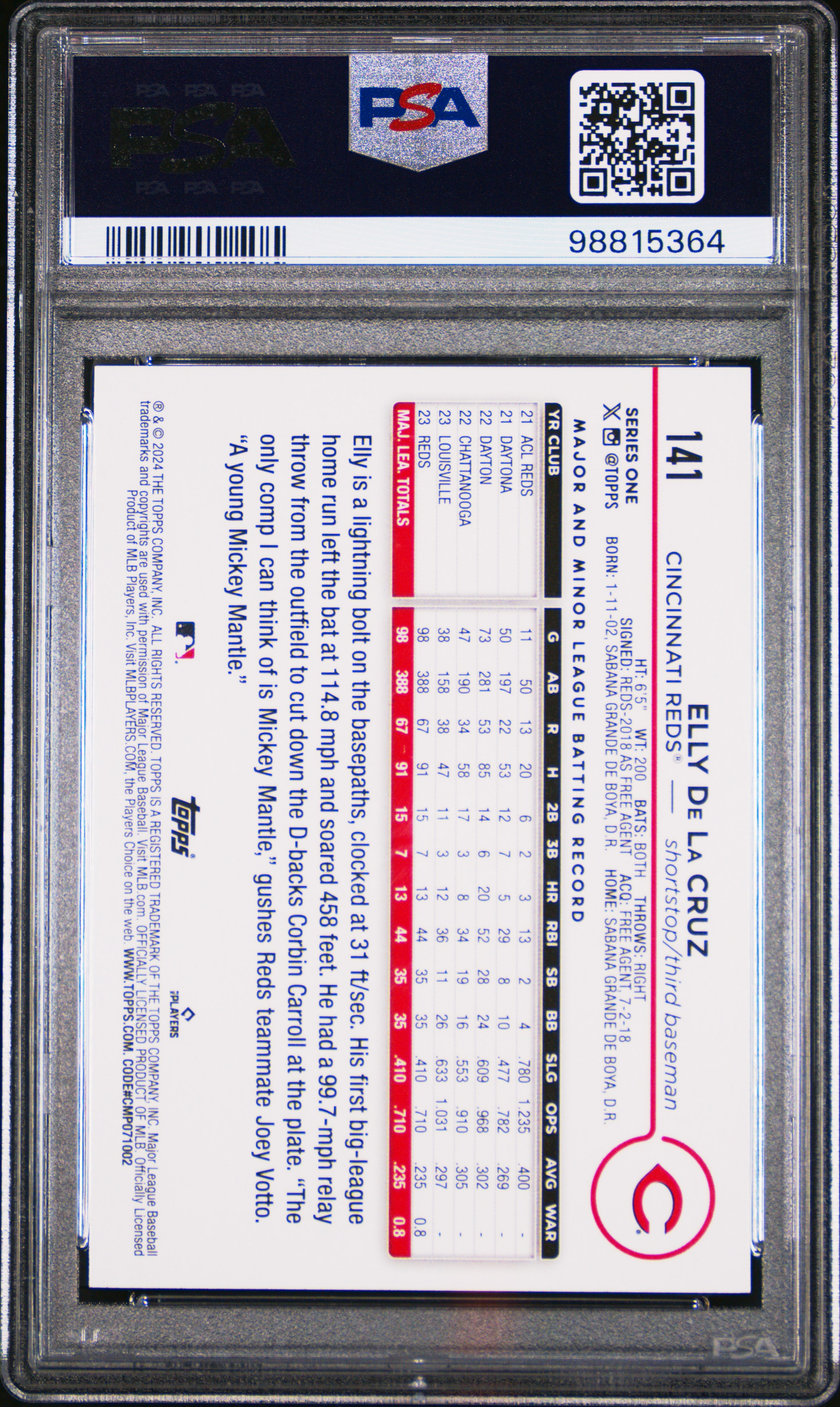 2024 Topps Elly De La Cruz #141 Mint 9 back