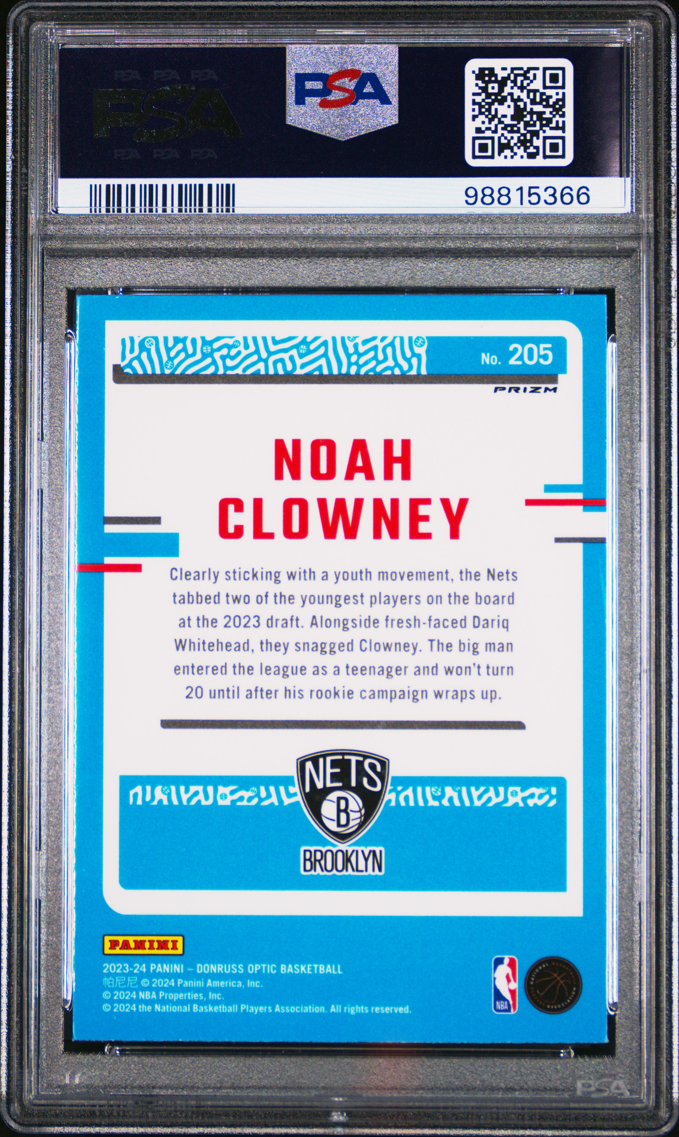 2023 Panini Donruss Optic Noah Clowney #205 (Purple) Gem Mt 10 back