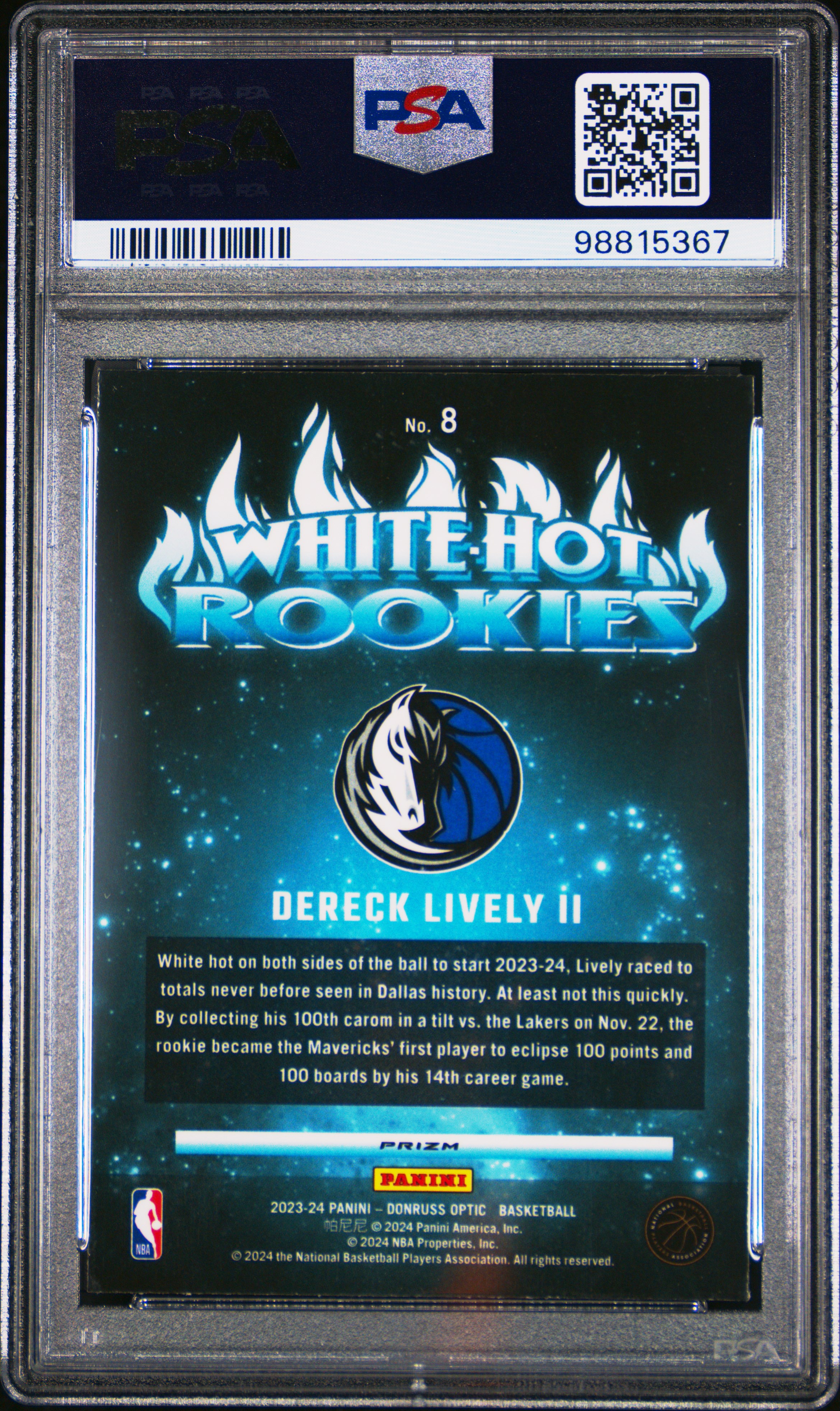 2023 Panini Donruss Optic White Hot Rookies Dereck Lively Ii #8 (White Hot Rookies-Holo) Gem Mt 10 back