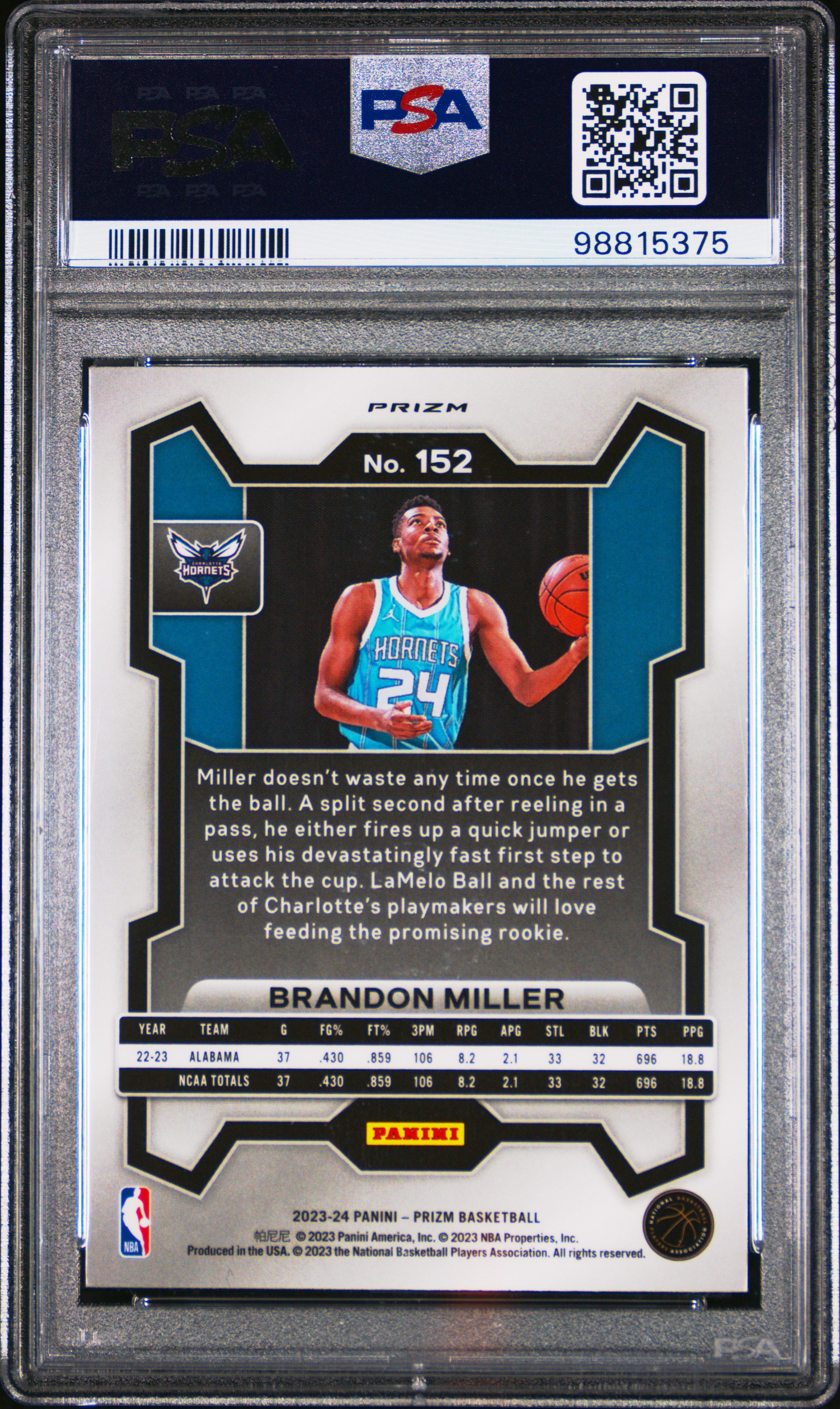 2023 Panini Prizm Brandon Miller #152 (Pink Ice) Gem Mt 10 back