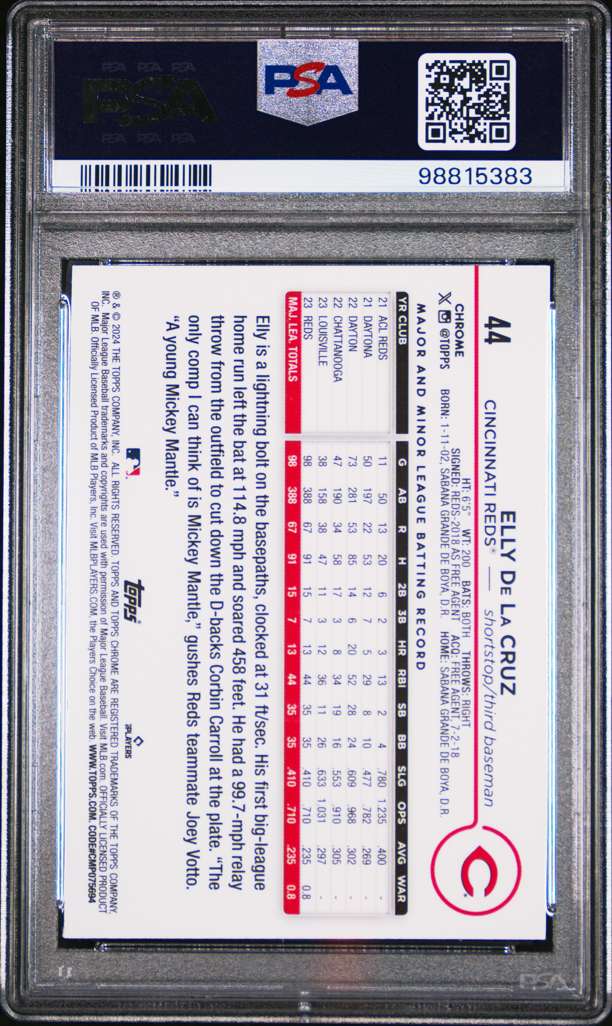 2024 Topps Chrome Elly De La Cruz #44 (X-Fractor) Gem Mt 10 back