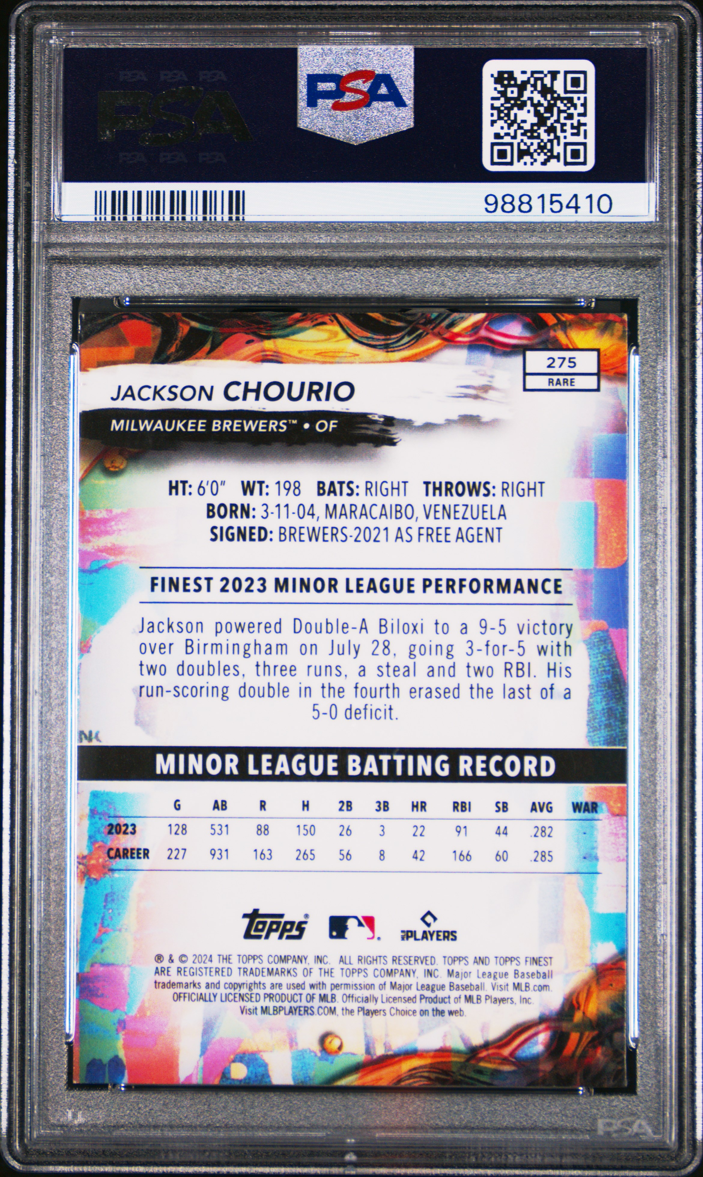 2024 Topps Finest Jackson Chourio #275 Mint 9 back