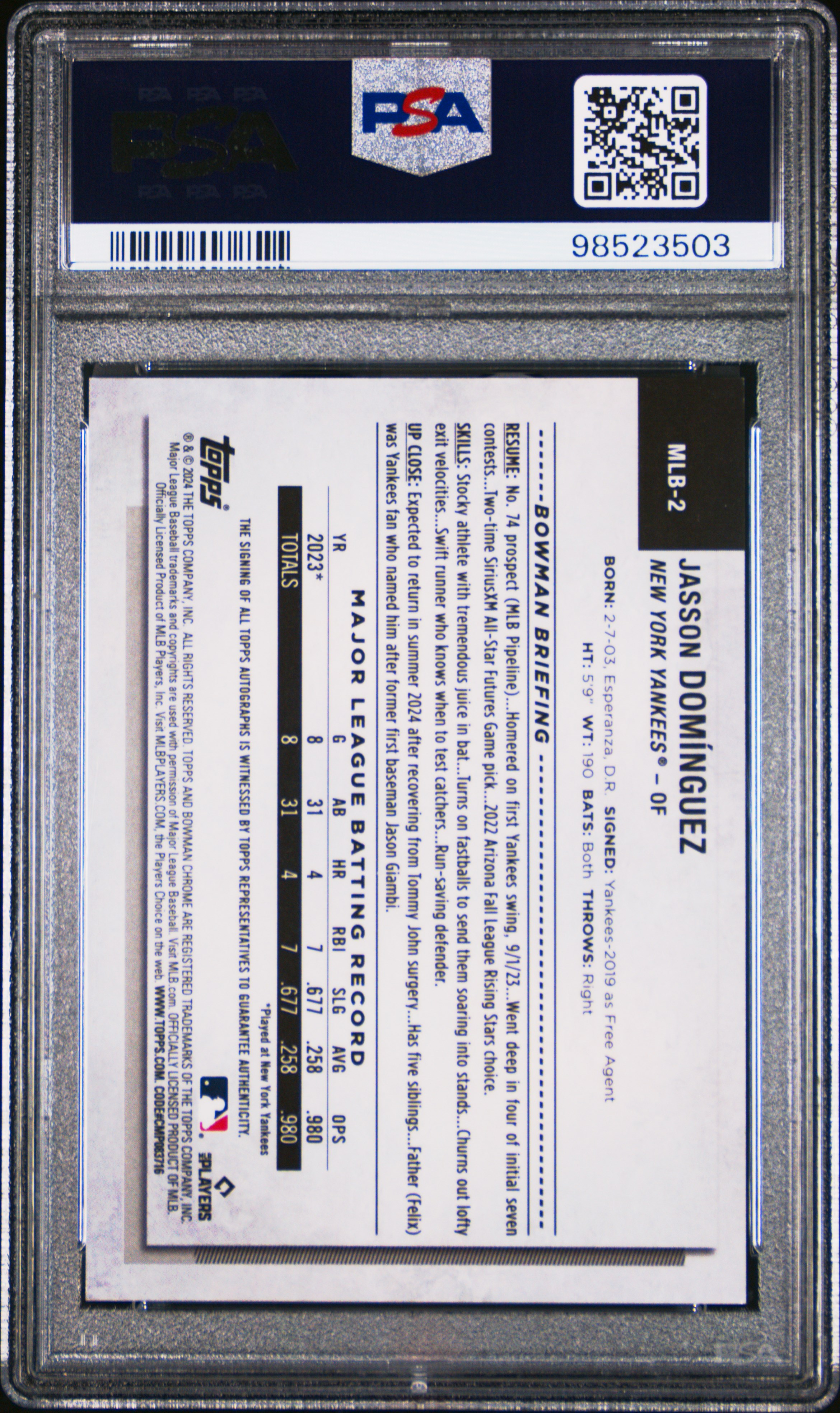 2024 Topps National Sports Collectors Convention Silver Pack Veterans And Rookies Jasson Dominguez #2 (Veterans & Rookies-Auto) Gem Mt 10 back