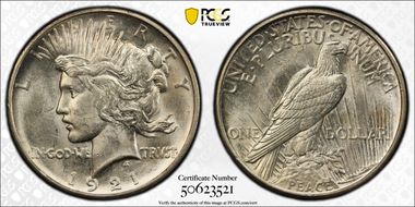 1921 $1 High Relief, Peace MS63