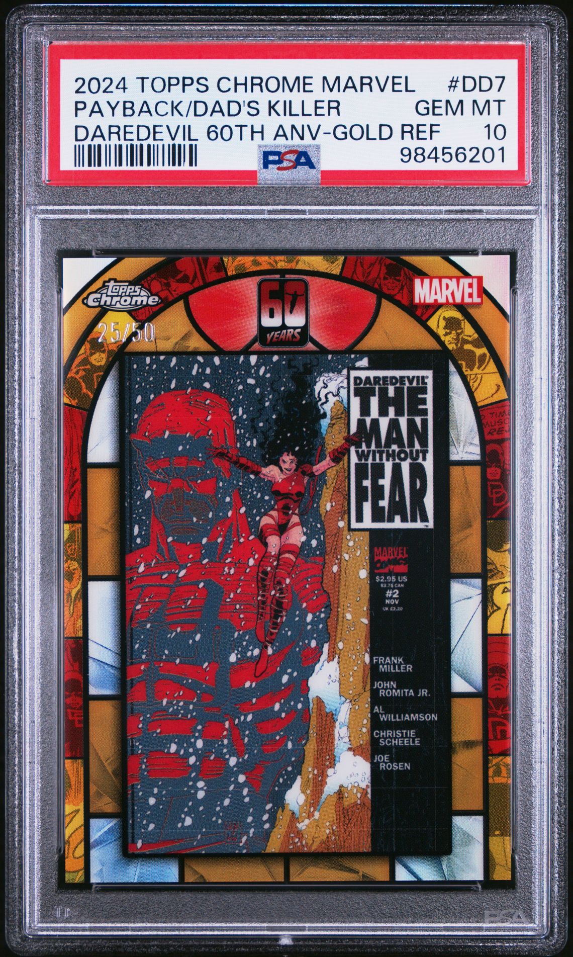 2024 Topps Chrome TOPPS CHROME MARVEL DAREDEVIL 60TH ANNIVERSARY DAREDEVIL 60TH ANV-GOLD REF #DD7 Payback/Dad's Killer front