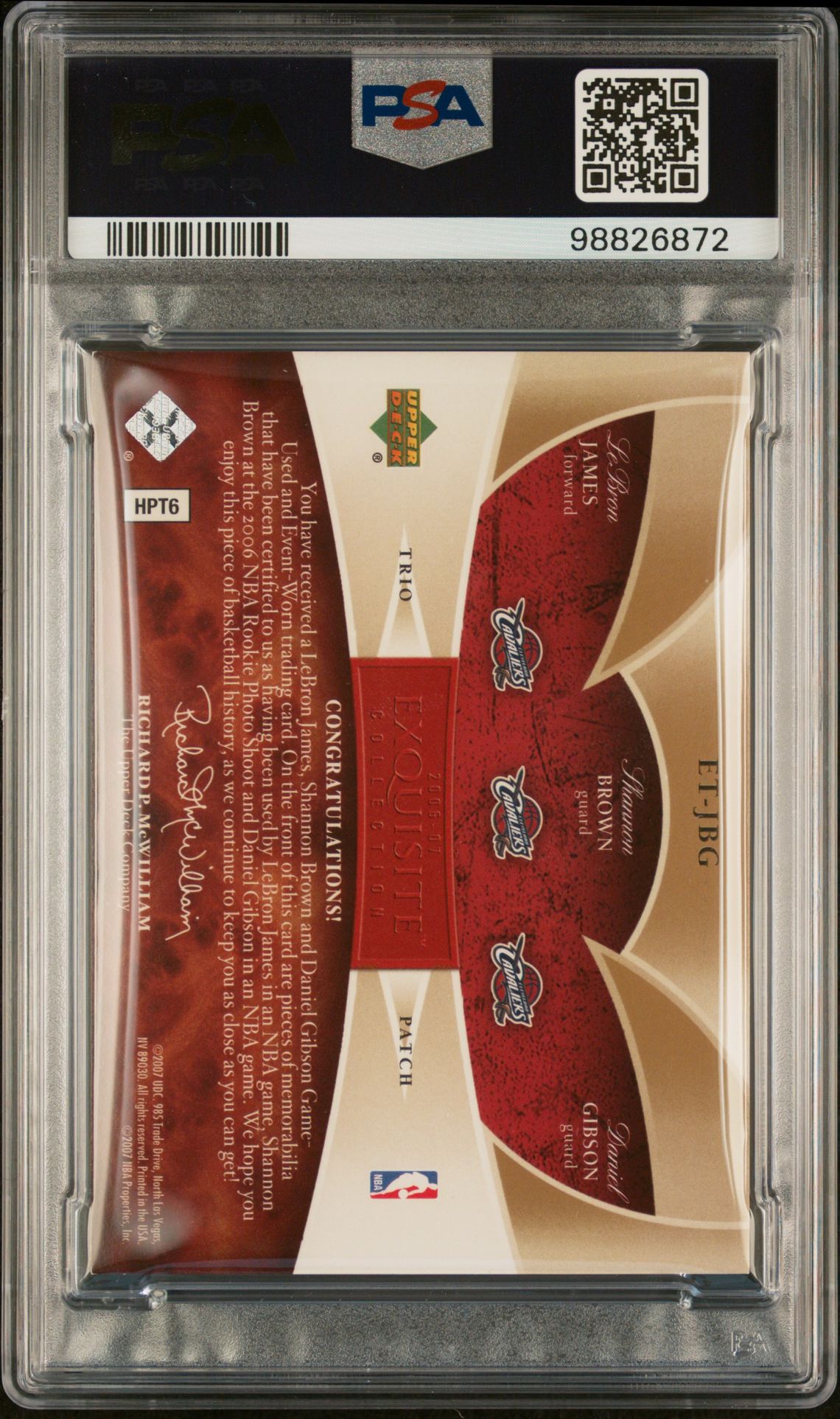 2006 Ud Exquisite Collection Trios James/Brown/Gibson #Jbg (Trios-Gold) N0: Authentic back