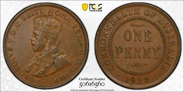 1922 (p) 1D Indian Obverse AU55BN