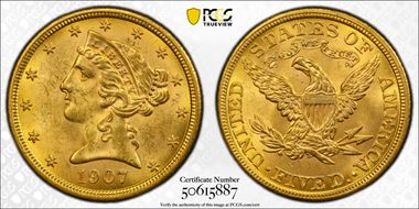 1907 $5 MS63