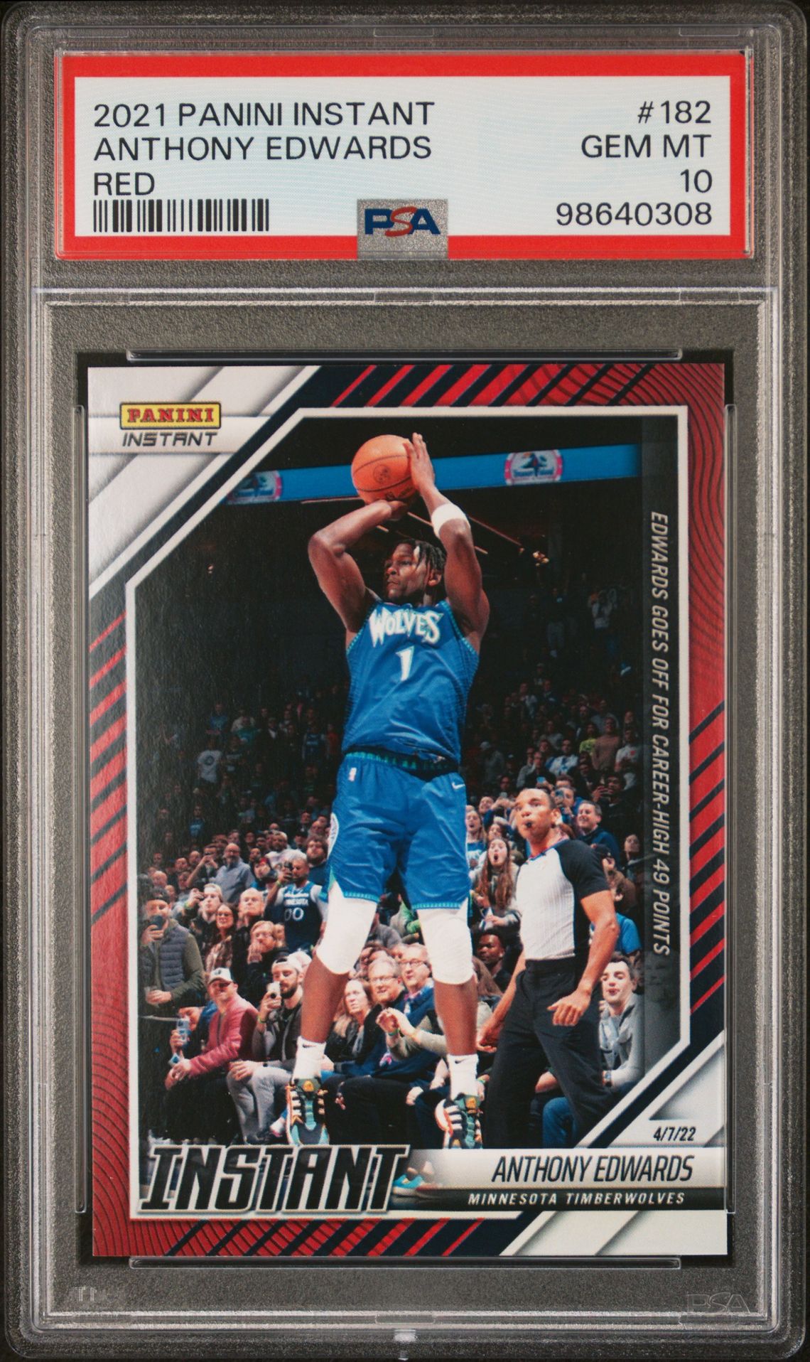 2021 Panini Instant Anthony Edwards #182 (Red) Gem Mt 10 front