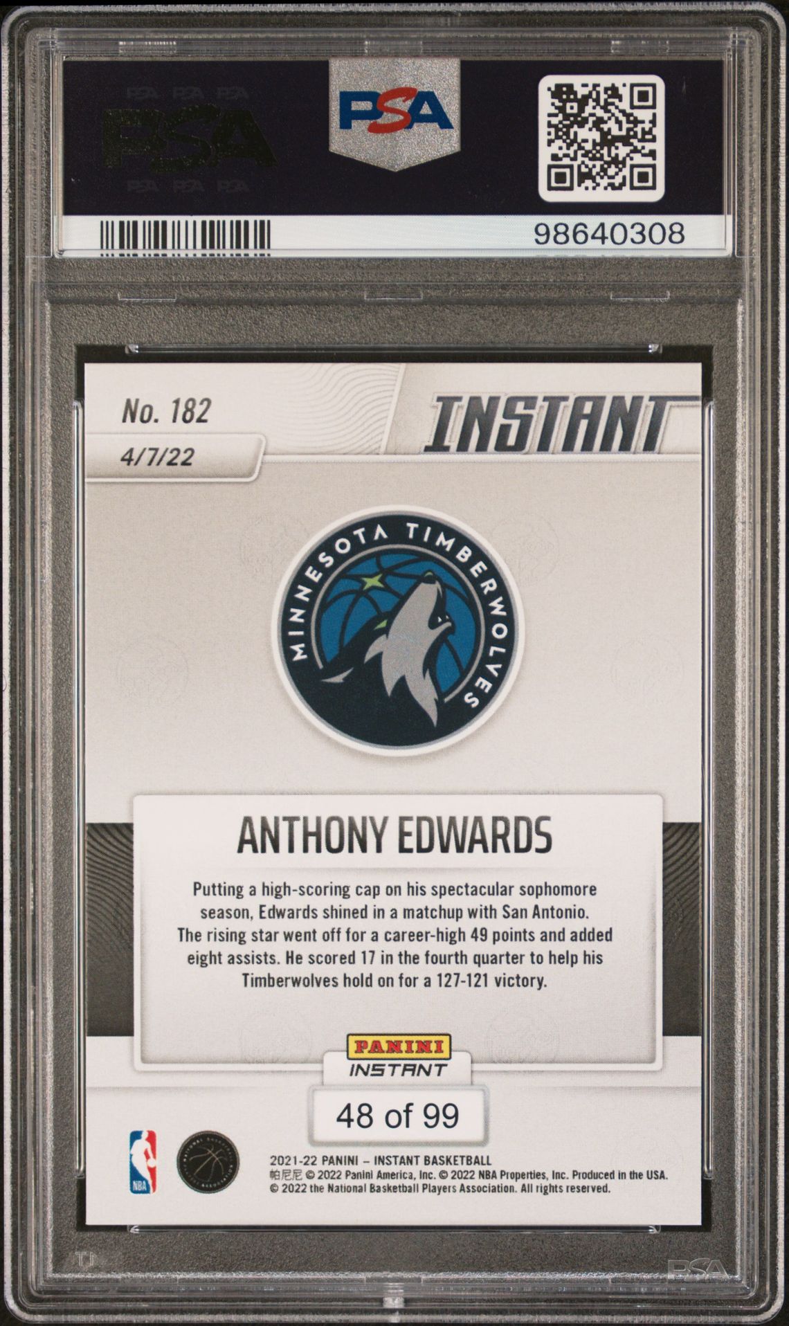 2021 Panini Instant Anthony Edwards #182 (Red) Gem Mt 10 back