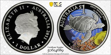 2011-P $1 Great Barrier Reef Green Sea Turtle Colorized PR69DCAM