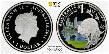 2011-P $1 W. Australia-Kangaroo Ag Colorized PR69DCAM