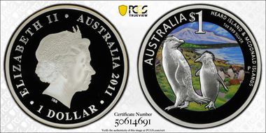 2011-P $1 Heard and McDonald Islands Macaroni Penguins Colorized PR70DCAM