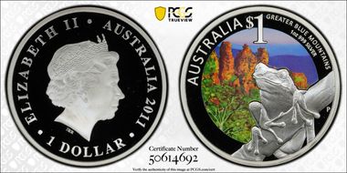 2011-P $1 Greater Blue Mountains Tree Frog Colorized PR69DCAM