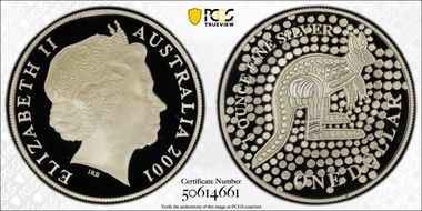 2001 $1 Kangaroo Ag-Aboriginal Design PR69DCAM