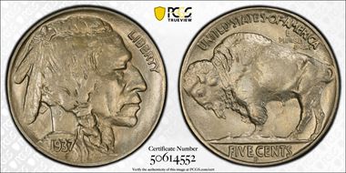 1937-D 5C 3 Legs AU58