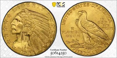 1908 $5 Indian MS64+ 