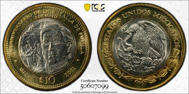 2012-Mo 10 Peso Battle of Puebla MS64