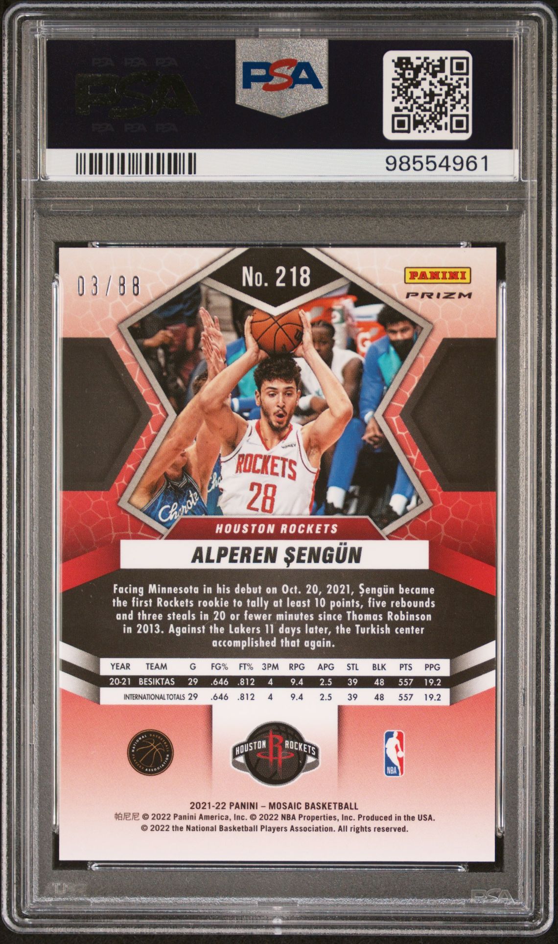 2021 Panini Mosaic Alperen Sengun #218 (Fusion Red/Yellow Choice) Gem Mt 10 back