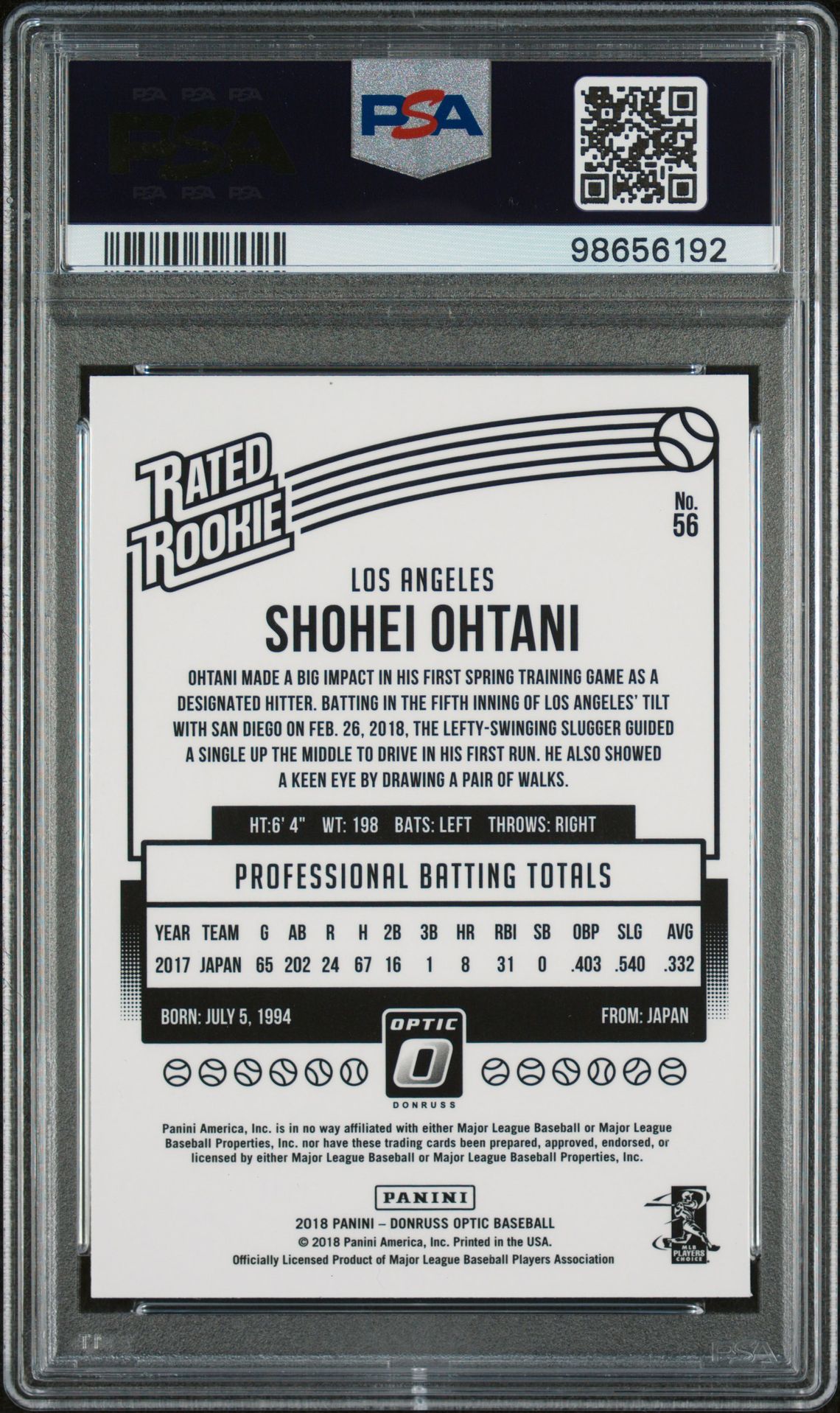 2018 Panini Donruss Optic Shohei Ohtani #56 Gem Mt 10 back