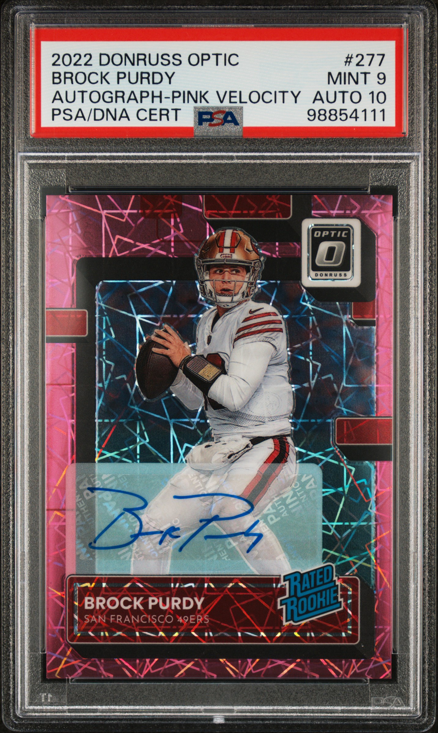 2022 PANINI DONRUSS OPTIC AUTO-PINK VELOCITY BROCK PURDY 13/50 PSA 9 AUTO 10