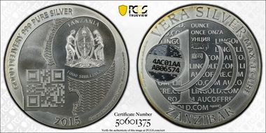 2015 1000 Shil Vera Silver Zanzibar PR69