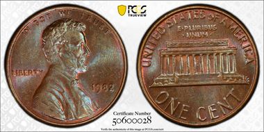 1982 1C Bronze, Small Date MS64BN