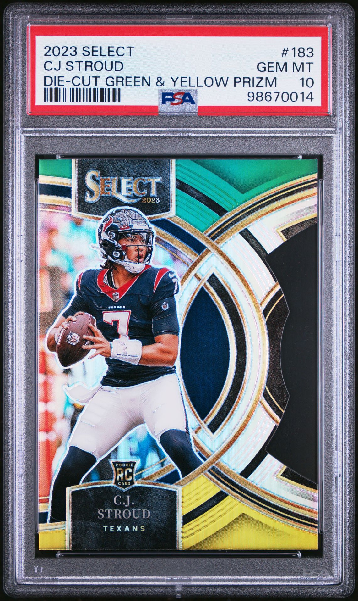 2023 PANINI SELECT CJ STROUD DIE-CUT GREEN & YELLOW PRIZM 183 GEM MT 10 front