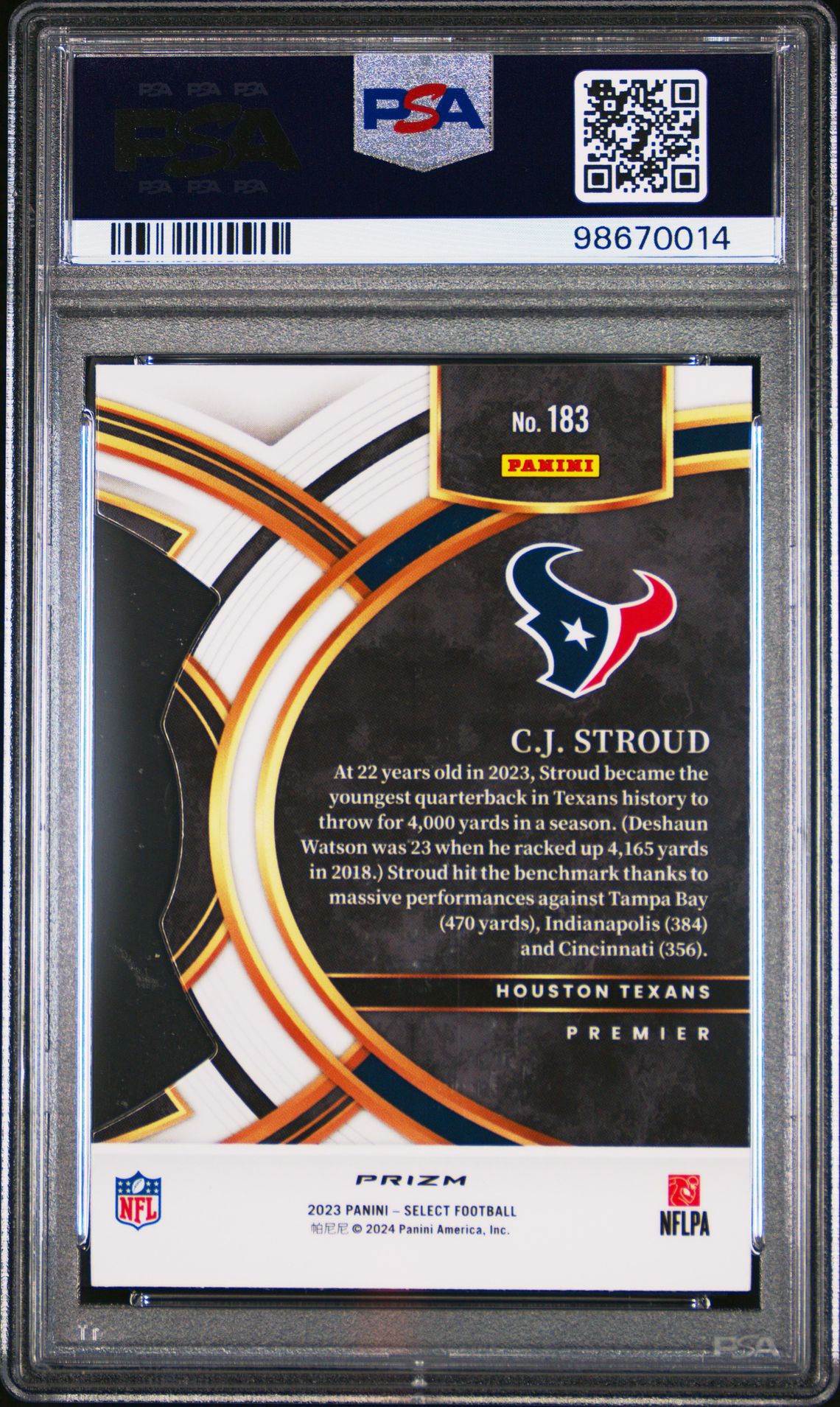 2023 PANINI SELECT CJ STROUD DIE-CUT GREEN & YELLOW PRIZM 183 GEM MT 10 back