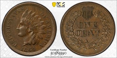 1864 1C L on Ribbon AU58BN