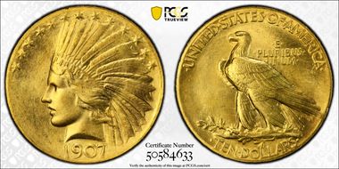 1907 $10 Indian, Wire Rim MS66